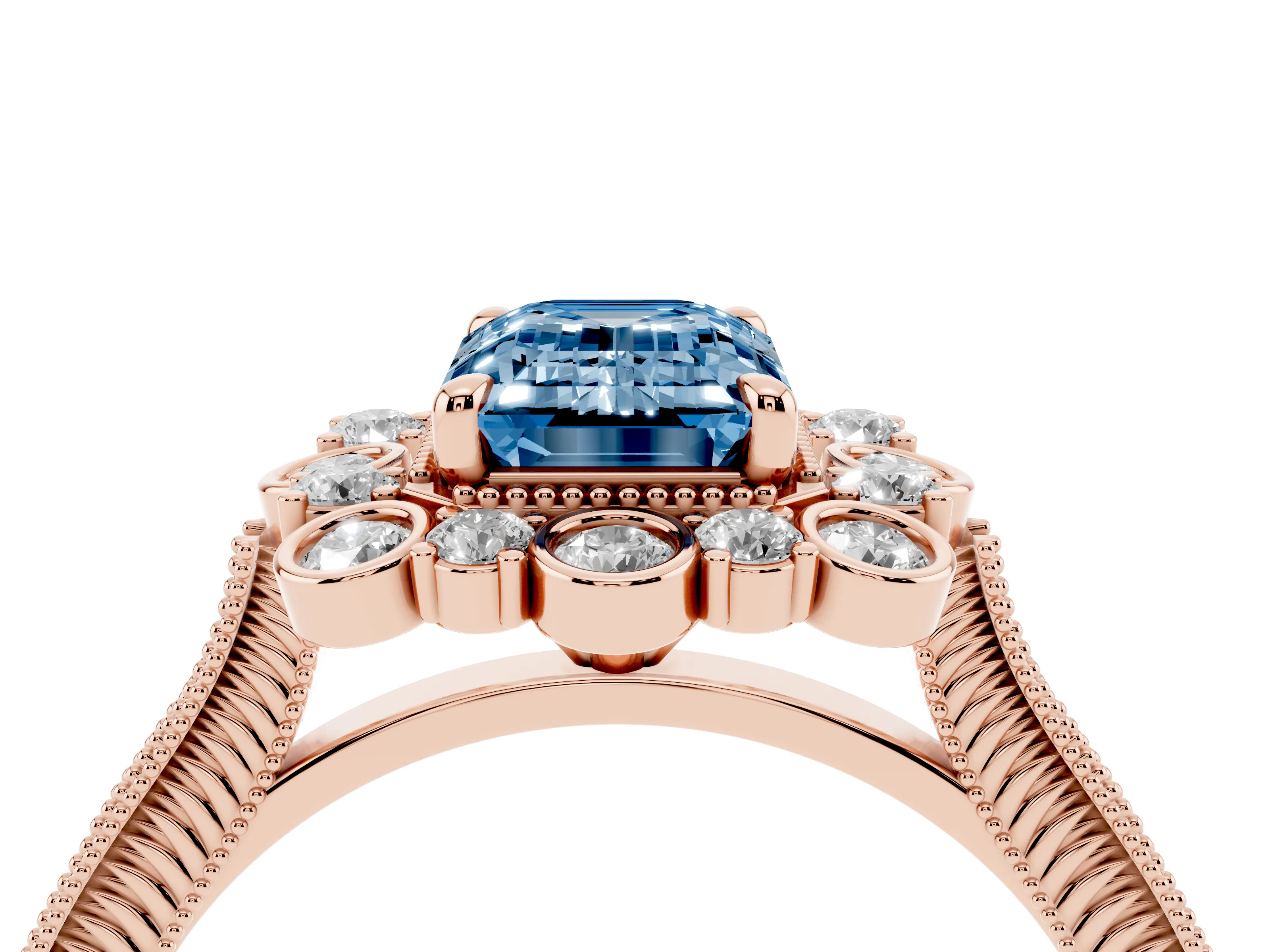 Fancy Blue Emerald Cut Diamond Halo Milgrain Pavé Ring Set in Rose gold with Prong Setting