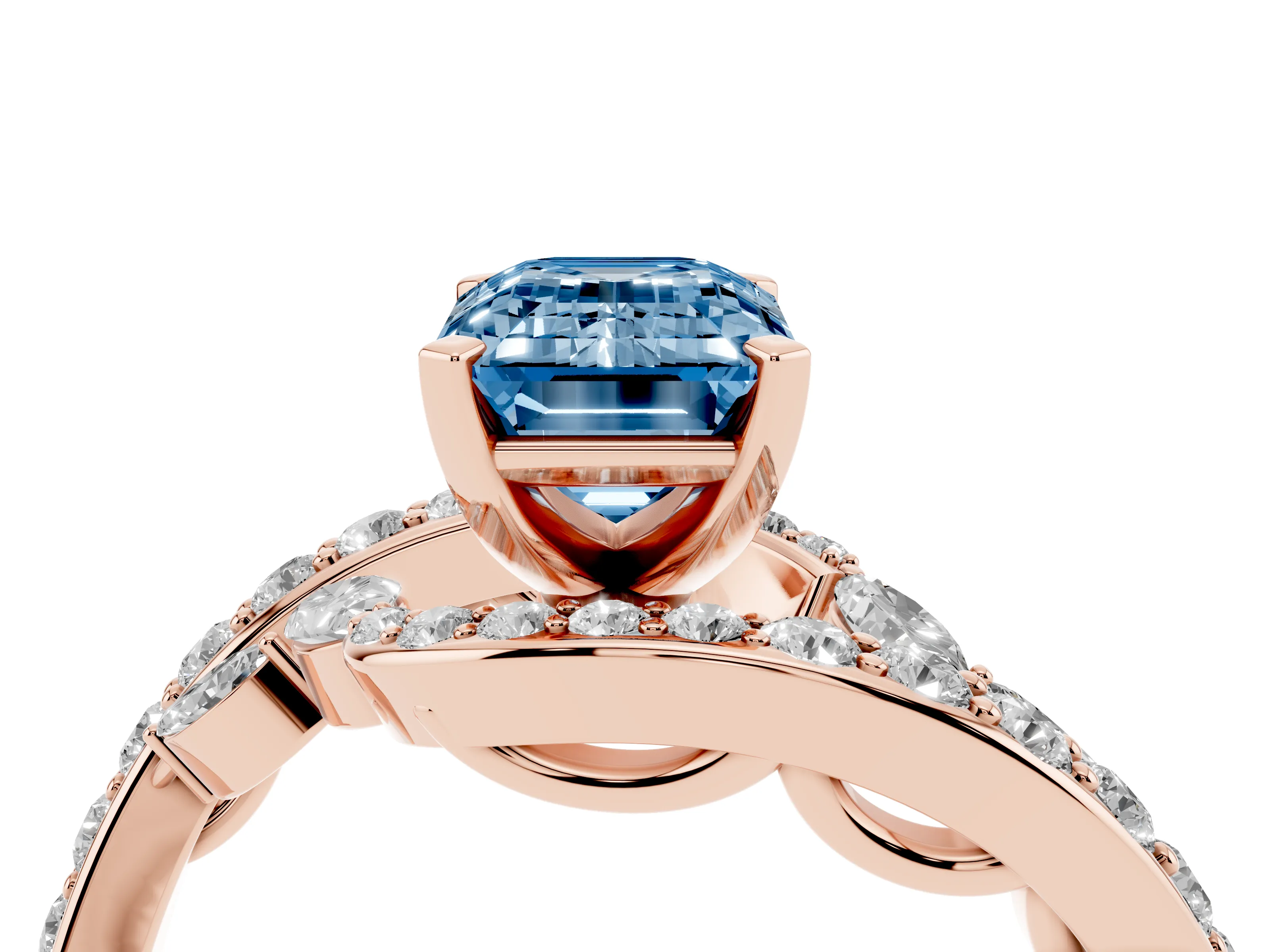 Fancy Blue Emerald Cut Diamond Solitaire Ring Set in Rose gold with Pavé Twist Band and Secure Prong Setting