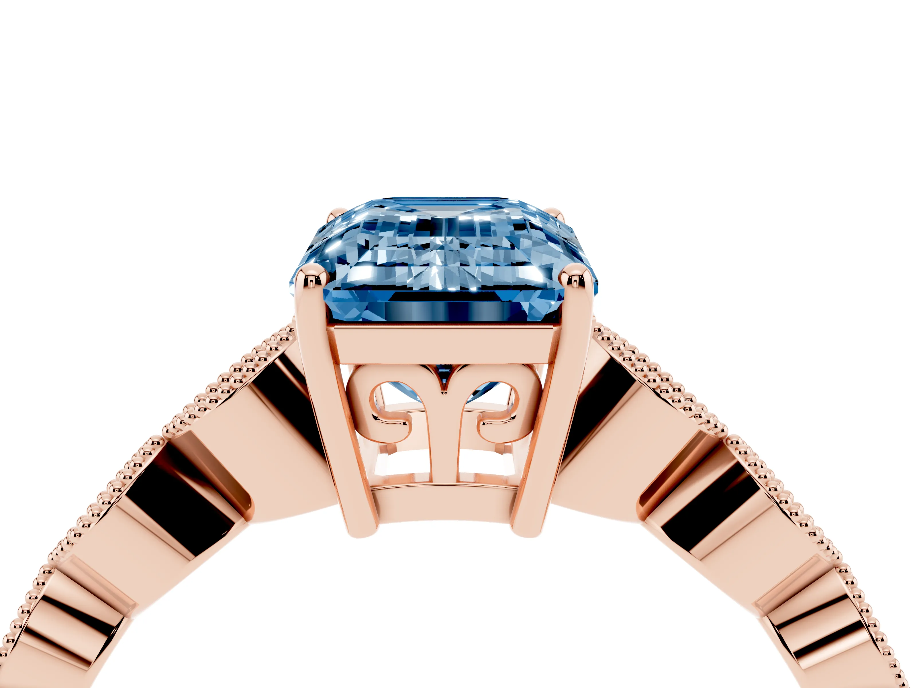 Fancy Blue Emerald Cut Diamond Solitaire Ring Set in Rose gold with Infinity Twist Pavé Band