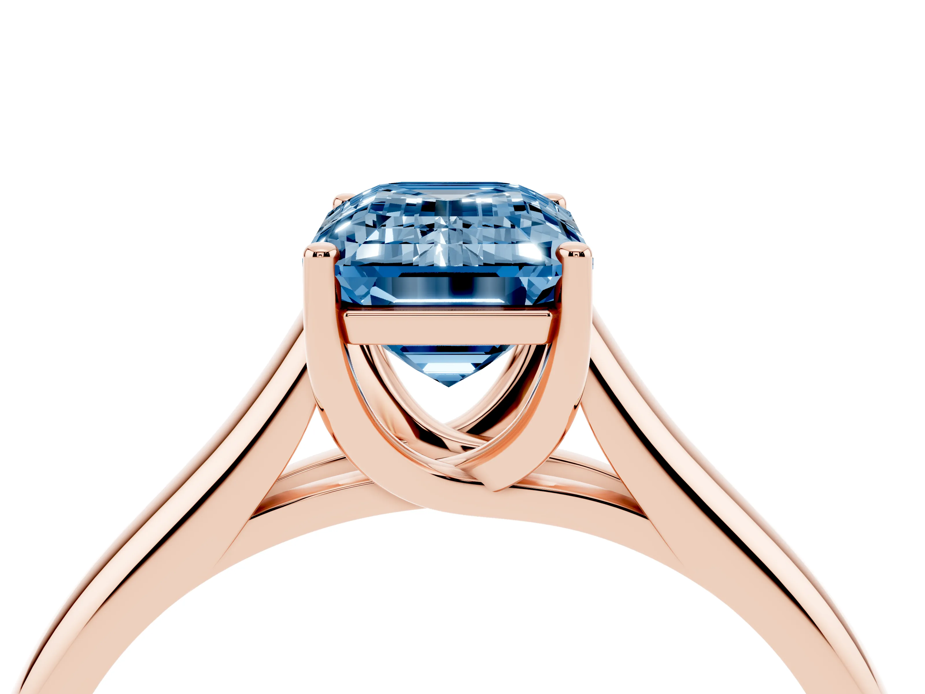 Fancy Blue Emerald Cut Diamond Solitaire Engagement Ring Set in Rose gold with Subtly Tapered Band and Prong Setting