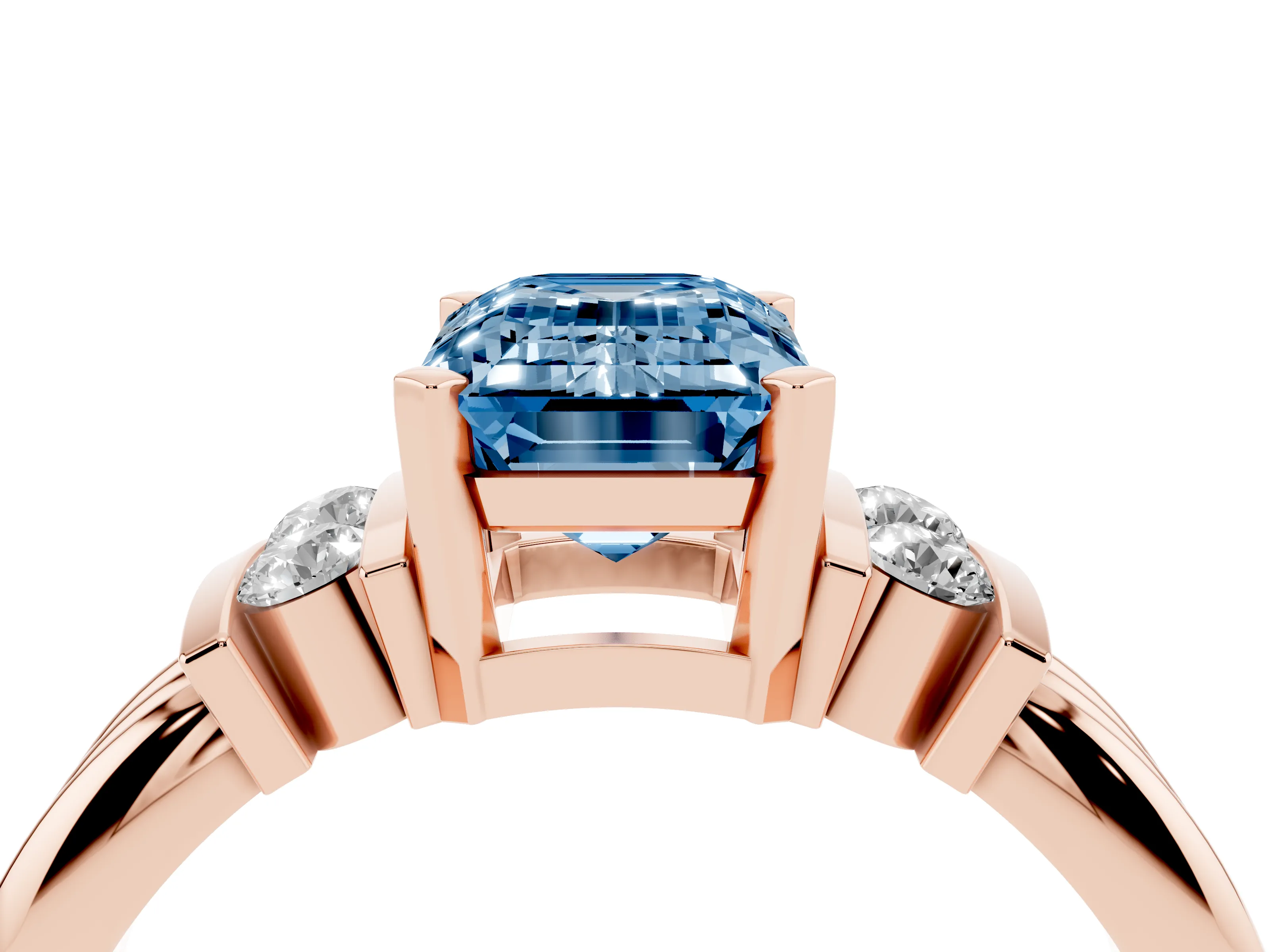 Fancy Blue Three-Stone Emerald Cut Diamond Channel Set Ring Set in Rose gold with Bar Prongs
