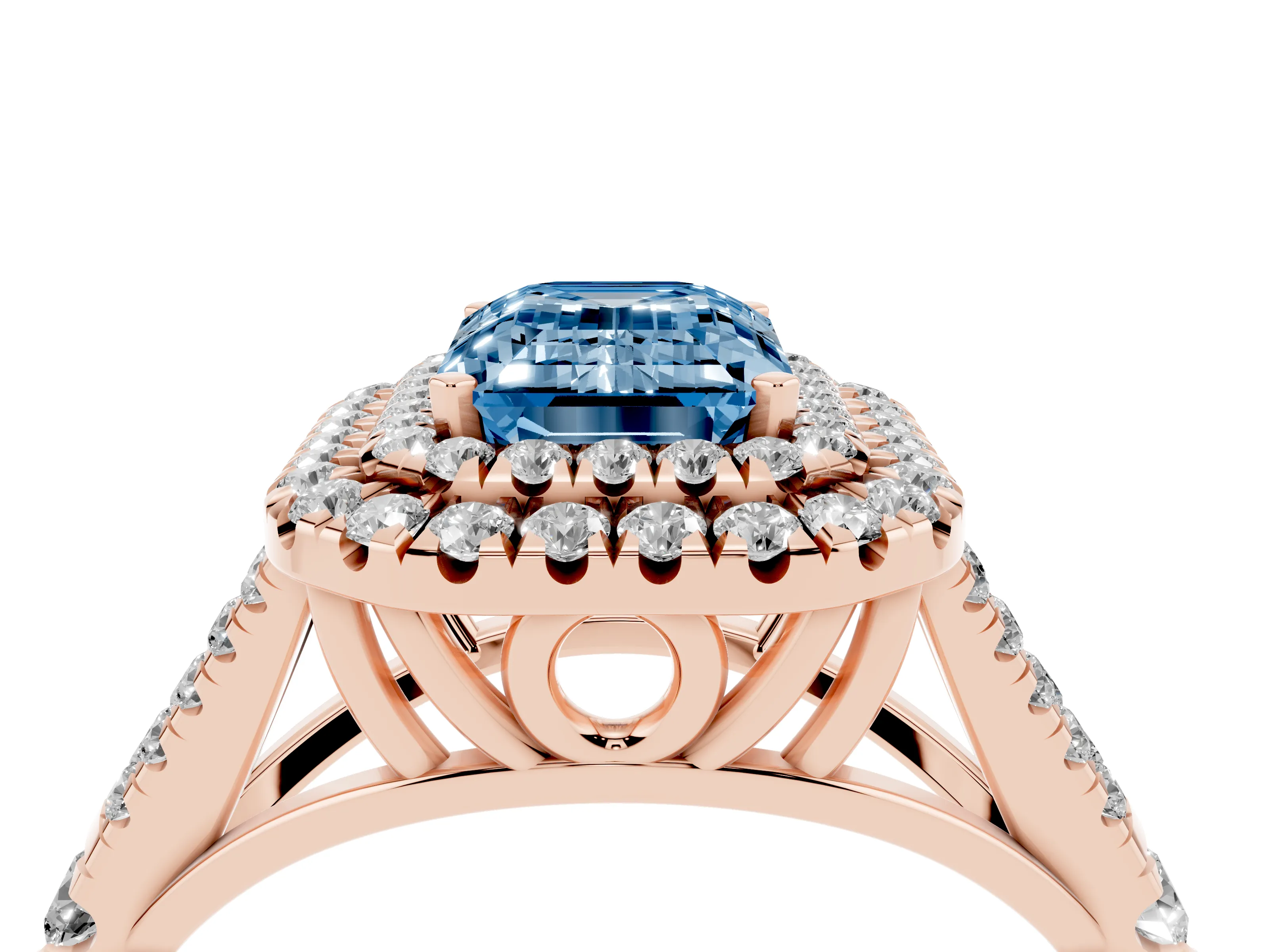 Fancy Blue Emerald Cut Diamond Pavé Split Shank Double Halo Engagement Ring Set in Rose gold