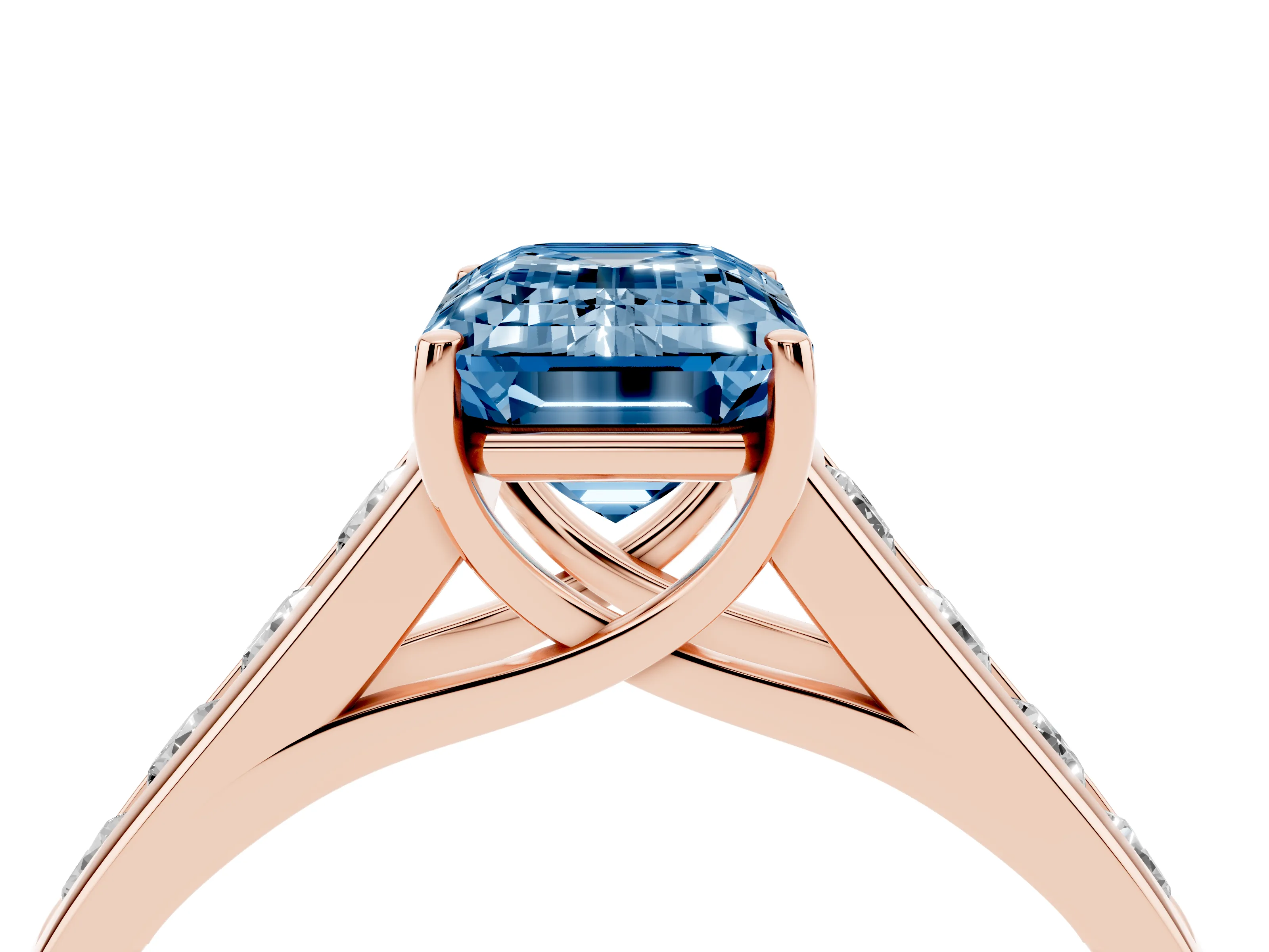 Fancy Blue Emerald Cut Diamond Solitaire Channel-Set Engagement Ring Set in Rose gold with Prong Setting