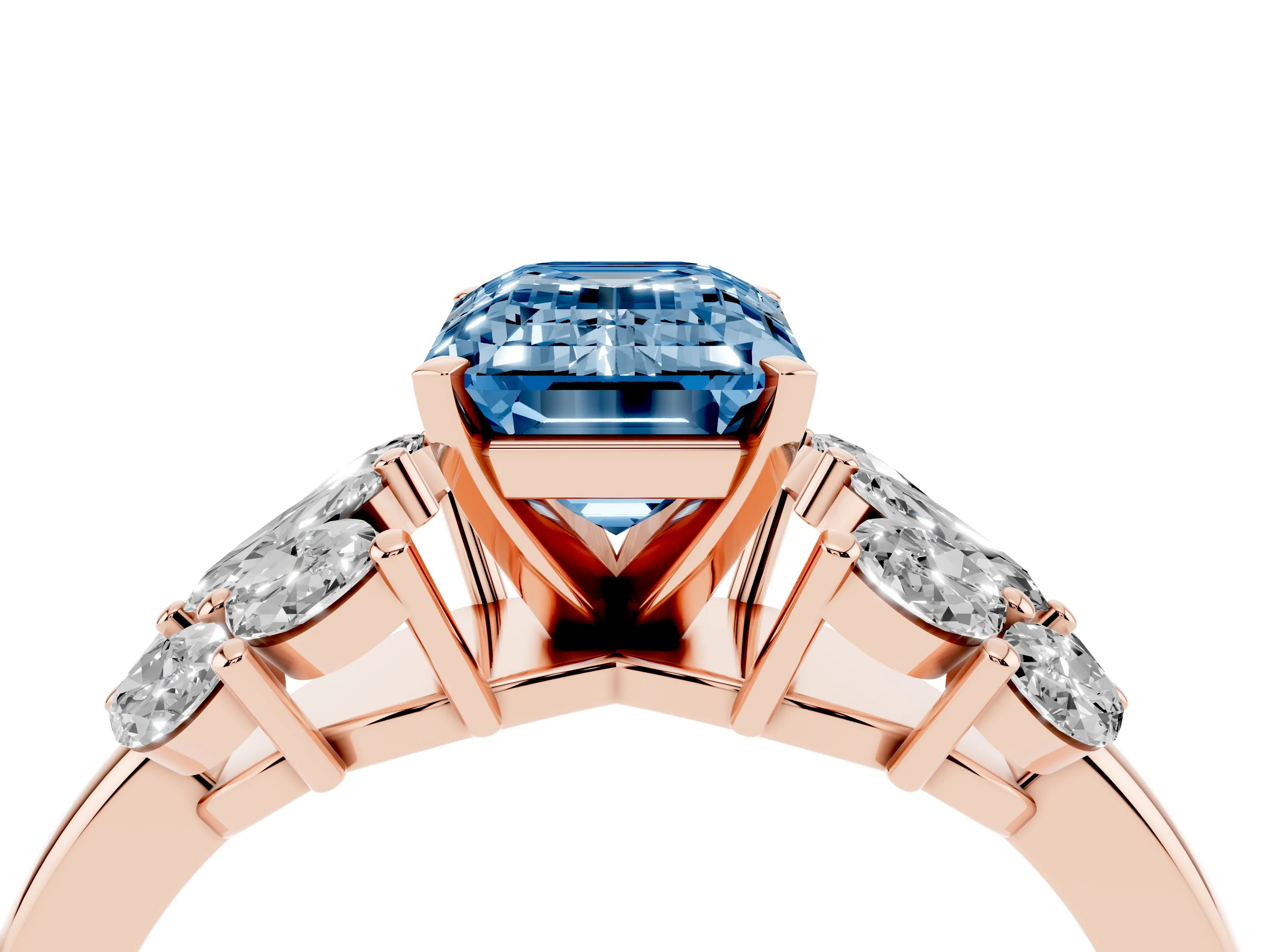 Fancy Blue Emerald Cut Diamond Cluster Leaf Design Ring Set in Rose gold with Prong Setting