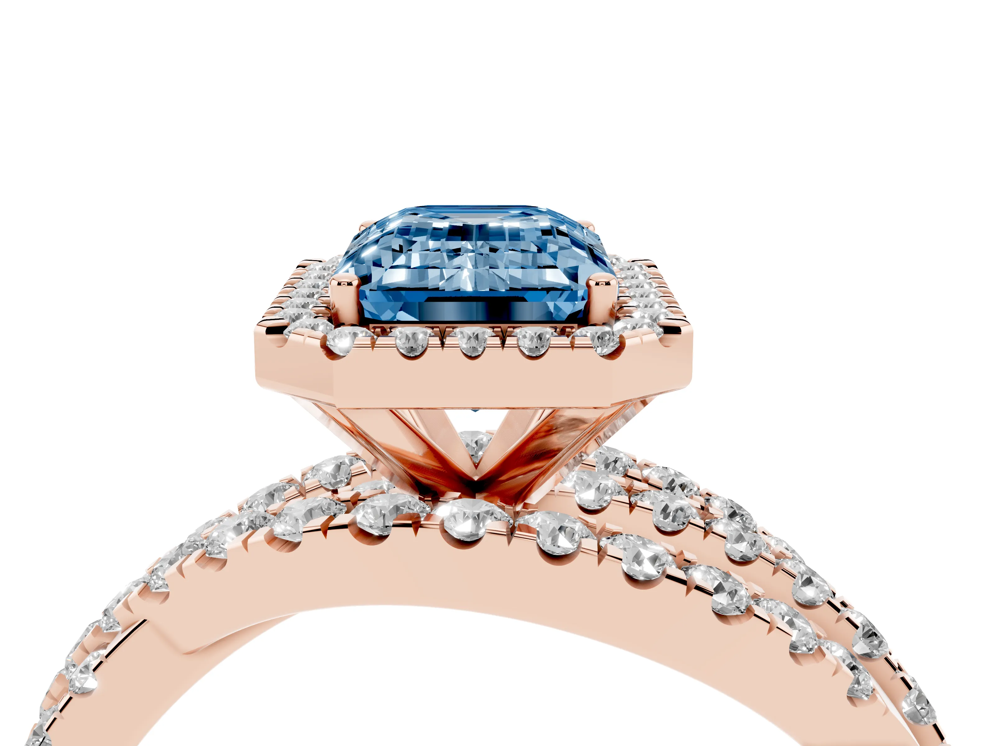 Fancy Blue Emerald Cut Diamond Halo Ring Set in Rose gold with Round Crossover Split Shank and Prong Setting