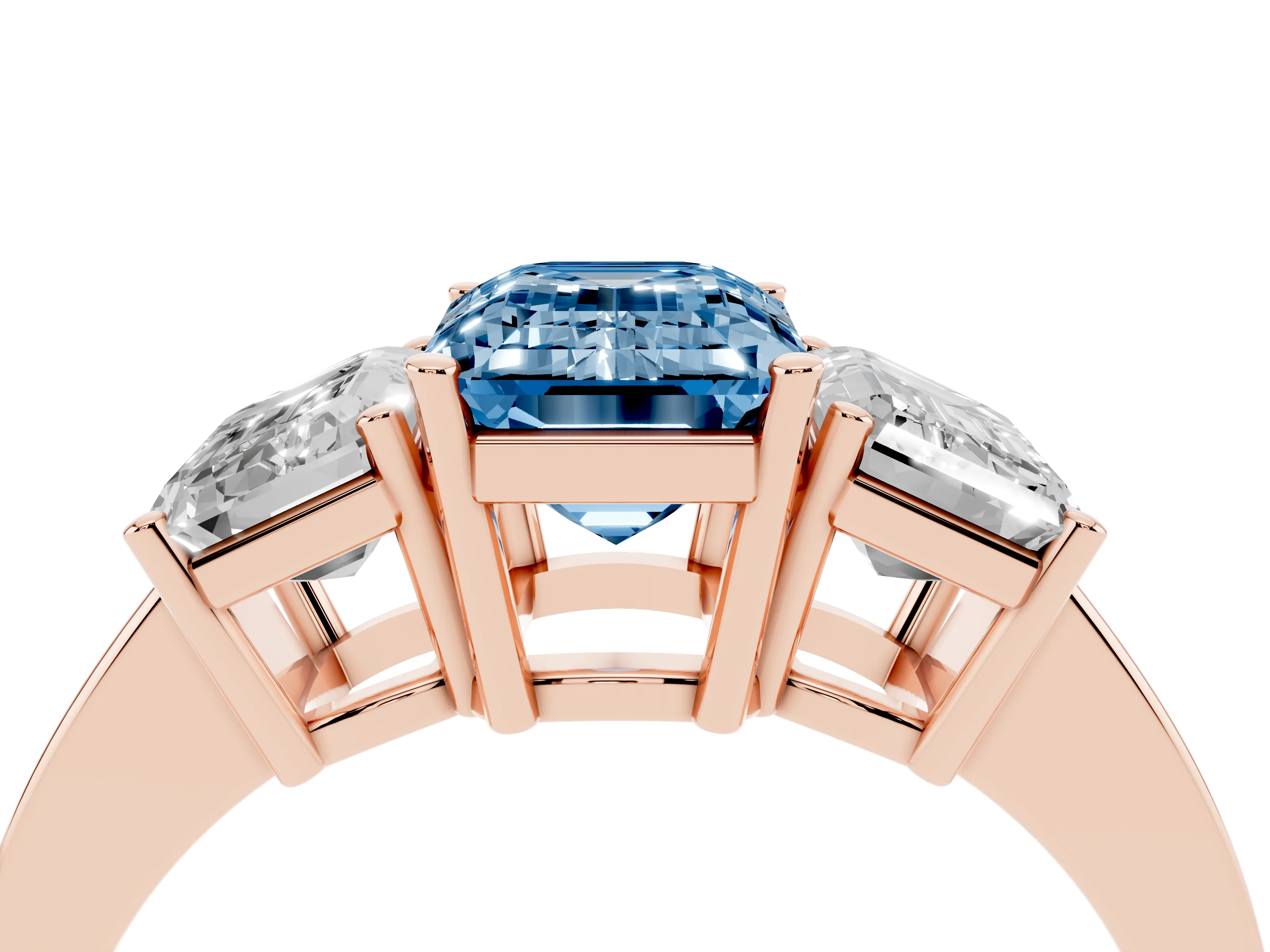 Fancy Blue Emerald Cut Diamond Three-Stone Engagement Ring Set in Rose gold with Flat Band