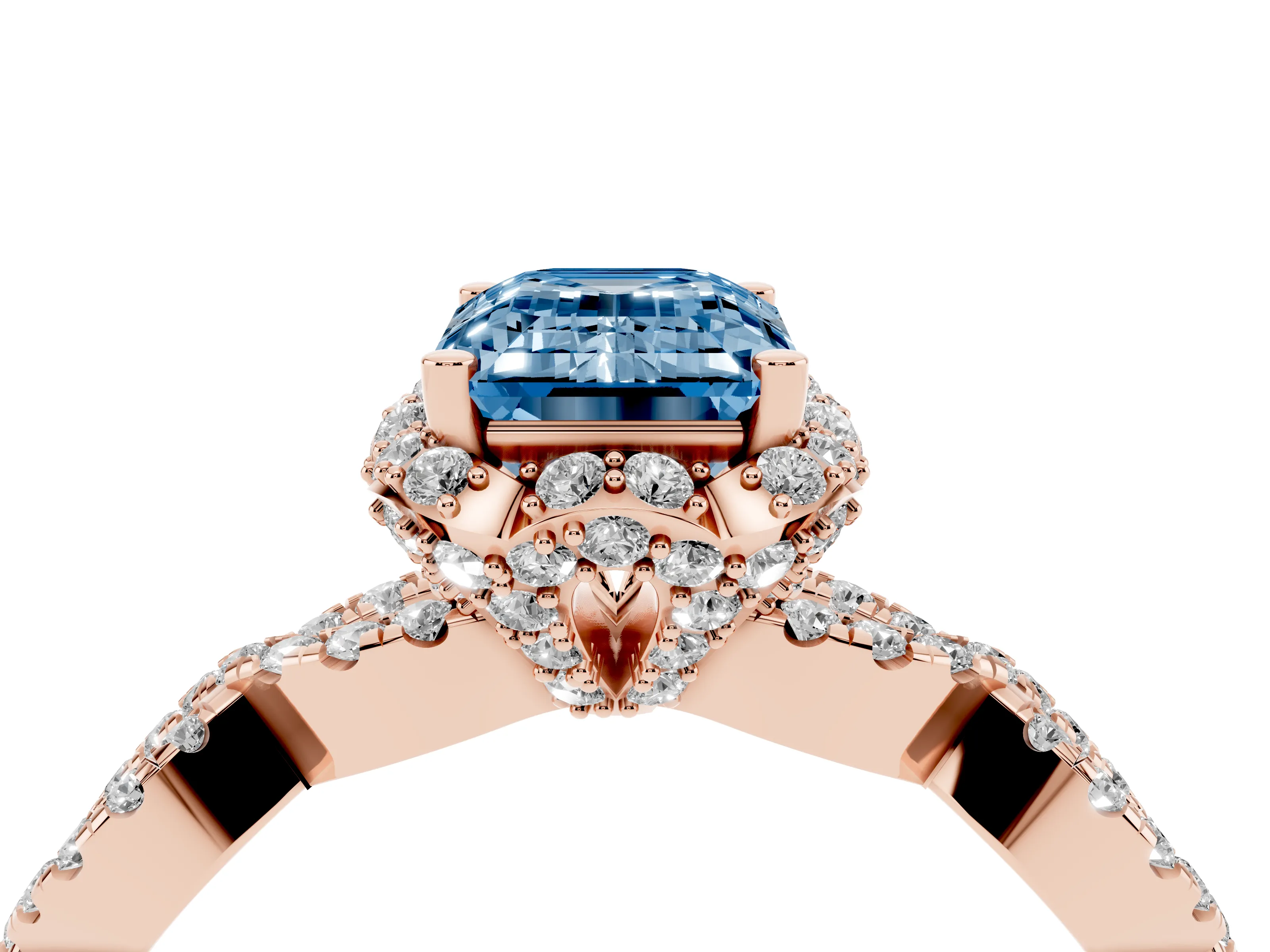 Fancy Blue Emerald Cut Diamond Halo Twist Band Solitaire Ring Set in Rose gold with Prong-Set Center Stone