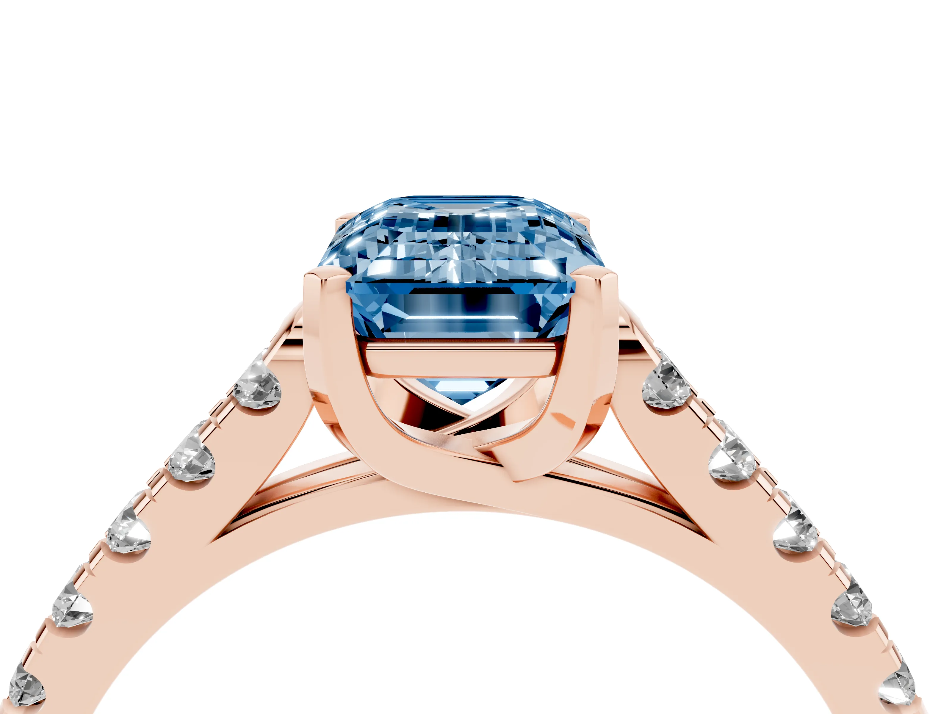 Fancy Blue Emerald Cut Diamond Pavé Band Solitaire Ring Set in Rose gold with Partway Accent Stones and Prong Setting