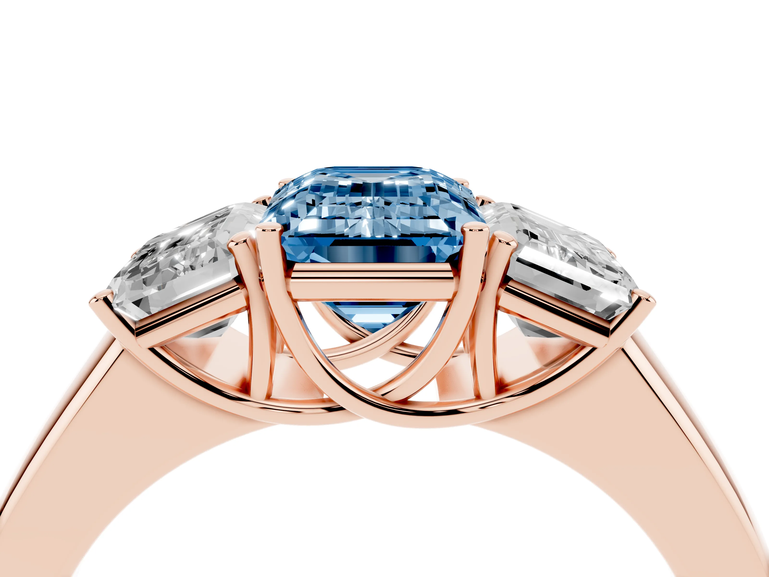 Fancy Blue Three-Stone Emerald Cut Diamond Ring Set in Rose gold with Matching Prong Settings and Plain Band