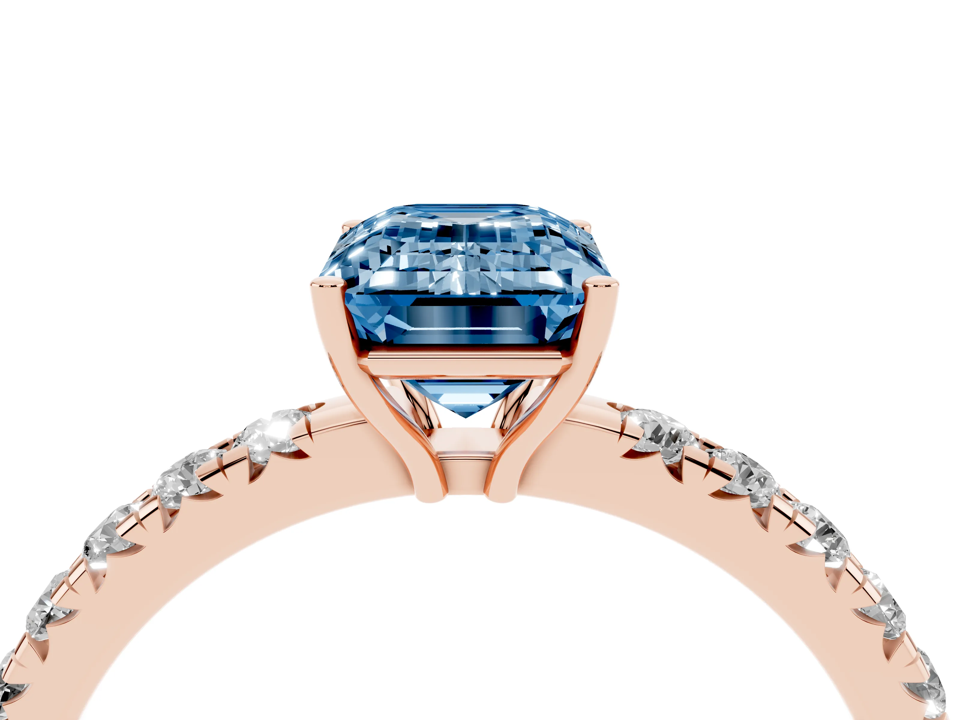 Fancy Blue Emerald Cut Diamond Pavé Solitaire Engagement Ring Set in Rose gold with Prong Setting
