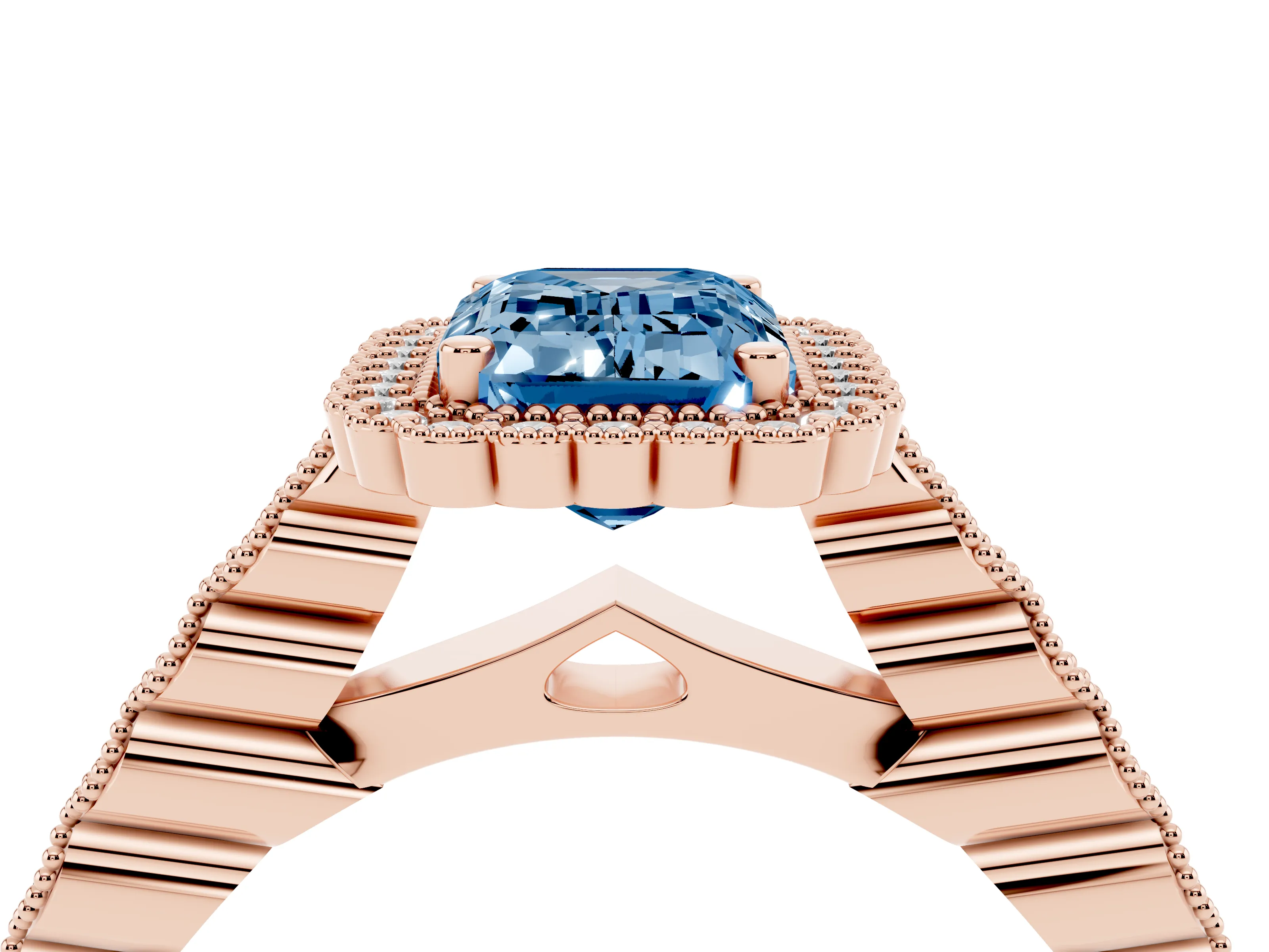 Fancy Blue Emerald Cut Diamond Halo Ring Set in Rose gold with Pavé Milgrain Band