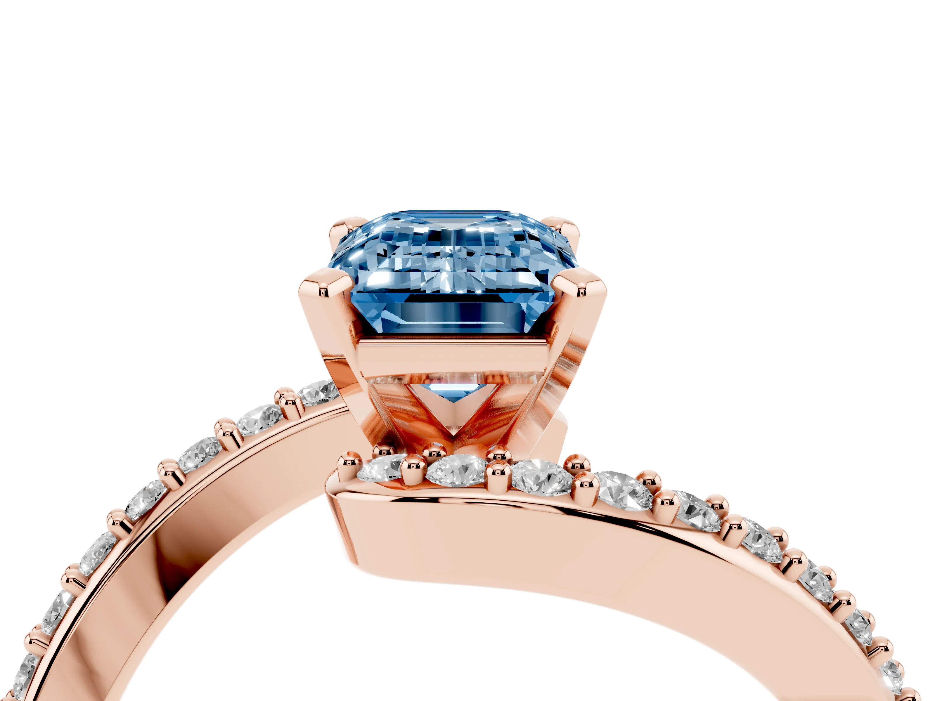 Fancy Blue Emerald Cut Diamond Solitaire Ring Set in Rose gold with Pavé Twist Band and Prong Setting