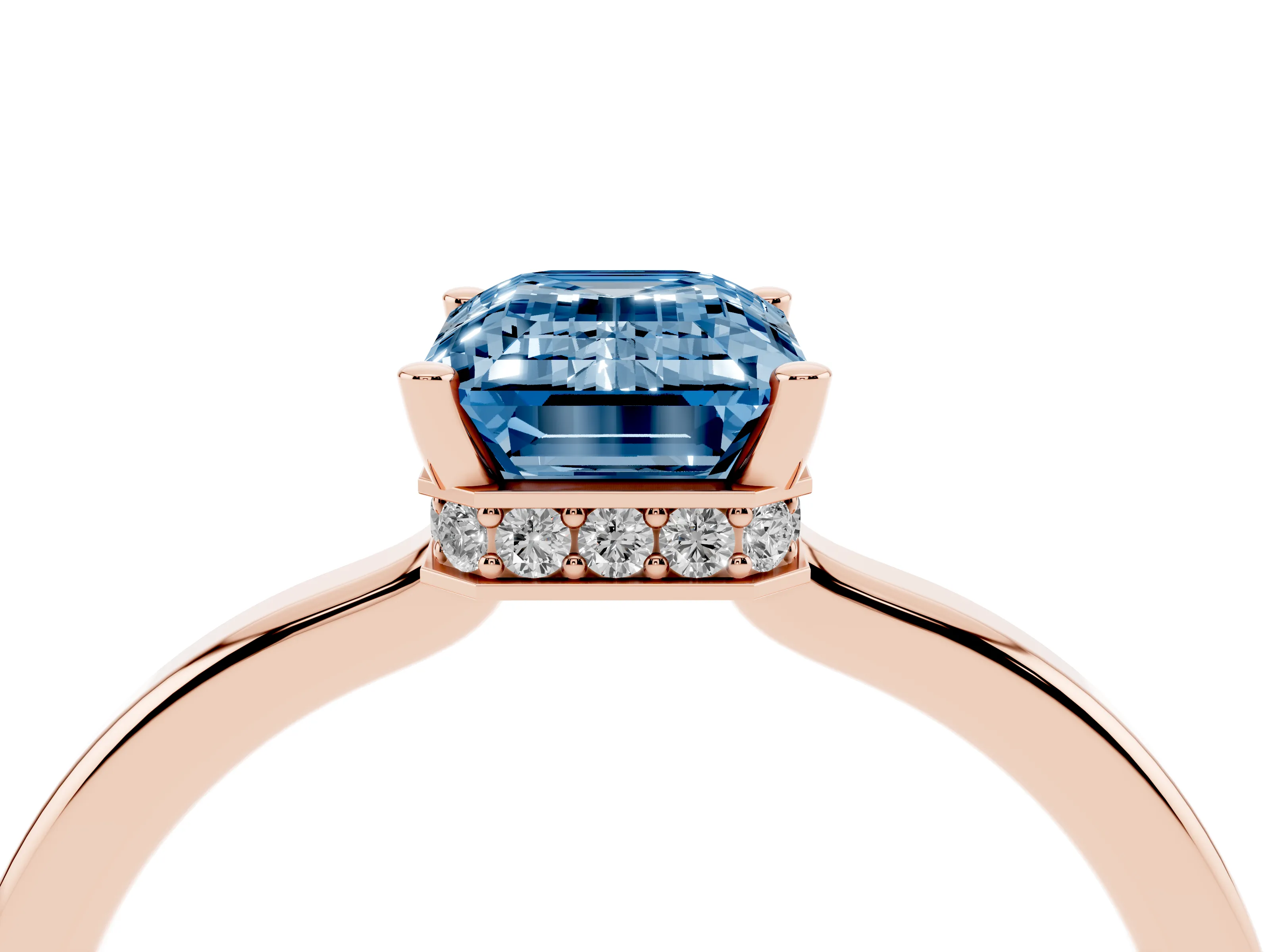 Fancy Blue Emerald Cut Diamond Solitaire Engagement Ring Set in Rose gold with Prong Setting on a Plain Band
