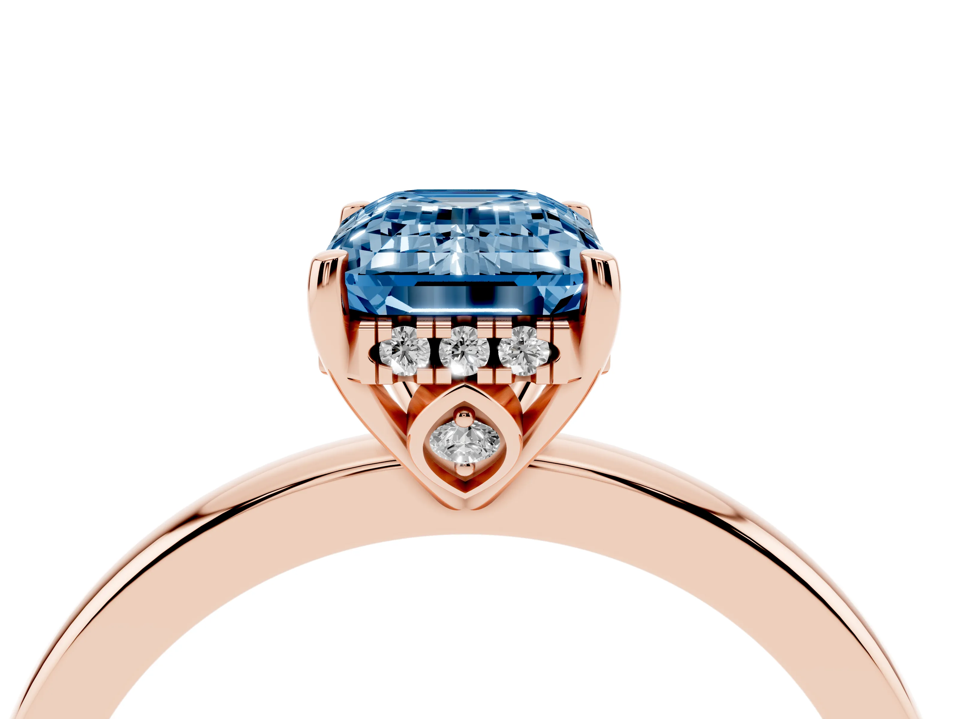 Fancy Blue Emerald Cut Diamond Solitaire Ring Set in Rose gold with Plain Band and Prong Setting