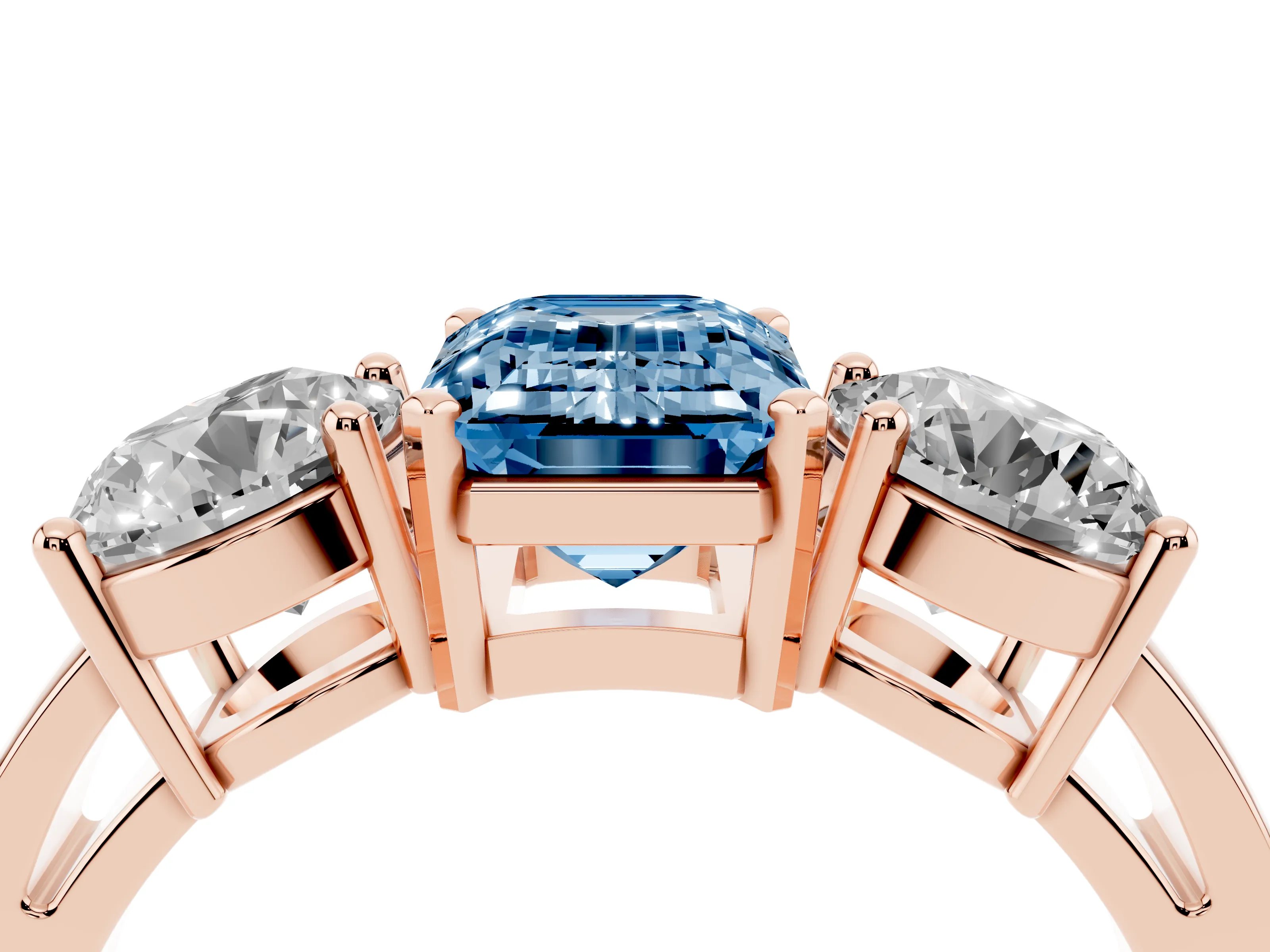 Fancy Blue Emerald Cut Diamond Three-Stone Ring Set in Rose gold with Round Side Stones and Classic Band