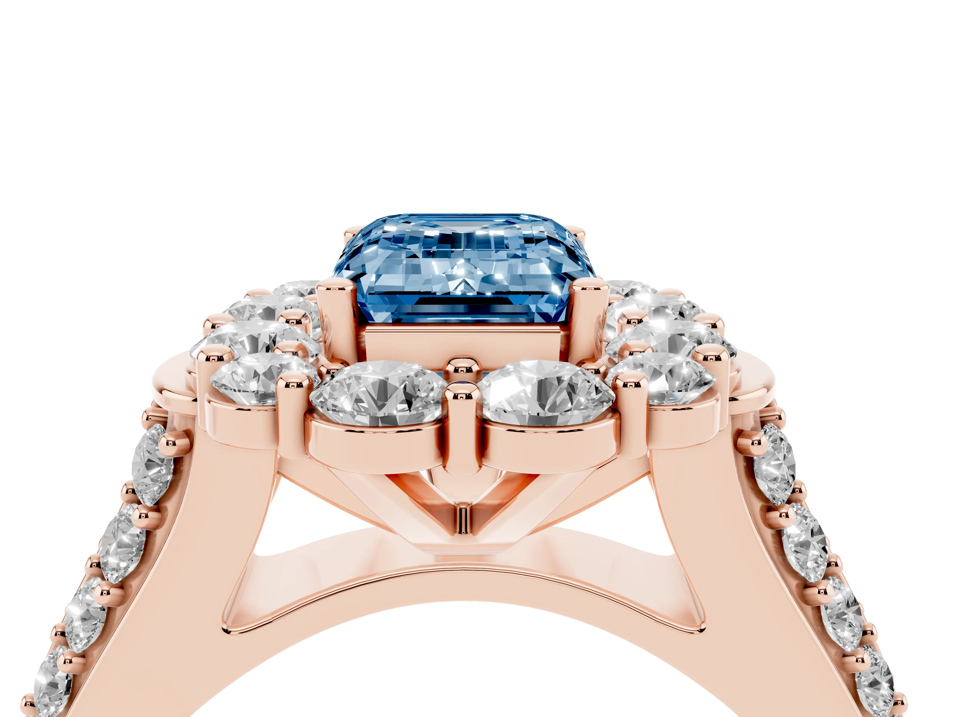 Fancy Blue Emerald Cut Diamond Halo Engagement Ring Set in Rose gold with Split Shank and Prong Setting