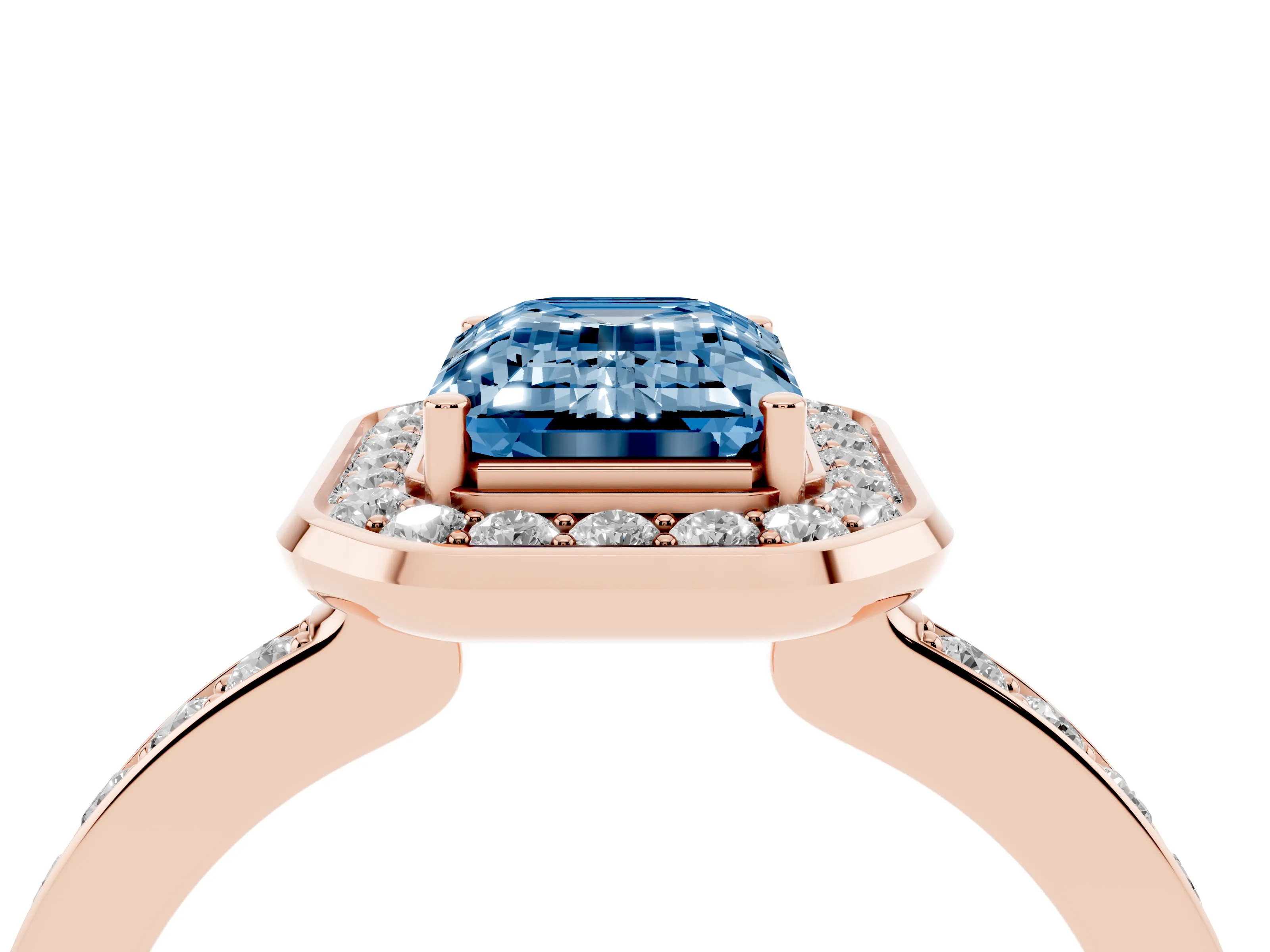 Fancy Blue Emerald Cut Diamond Halo Ring Set in Rose gold with Bezel Frame and Pavé Band