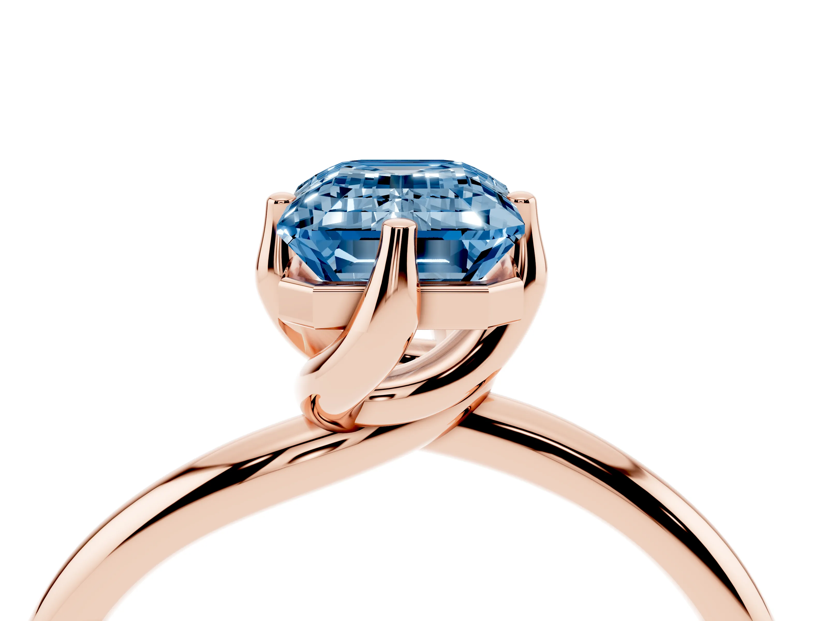 Fancy Blue Emerald Cut Diamond Solitaire Engagement Ring Set in Rose gold with Classic Plain Band