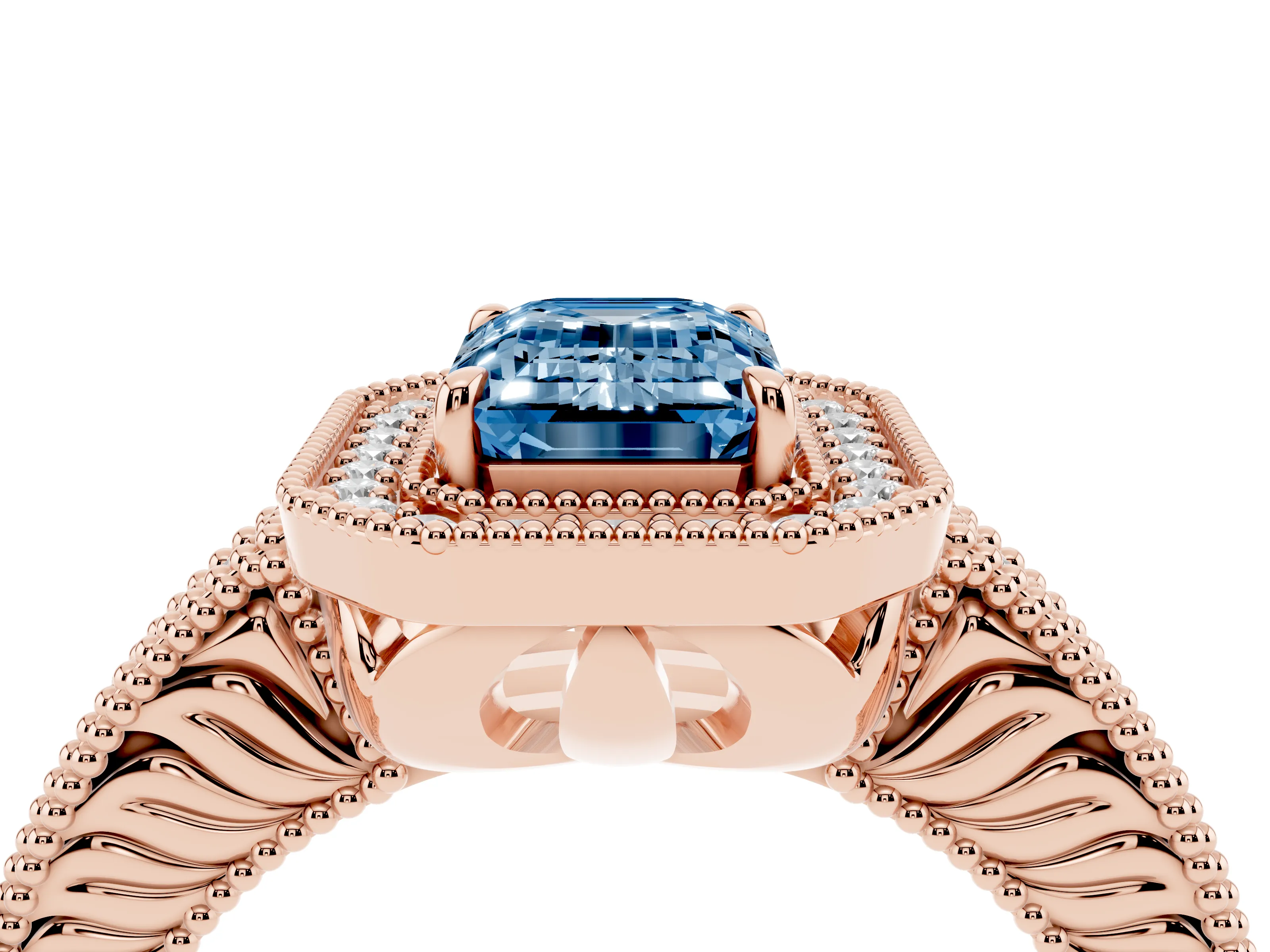 Fancy Blue Emerald Cut Diamond Halo Ring Set in Rose gold with Round Accent Halo, Pavé Band and Prong Setting