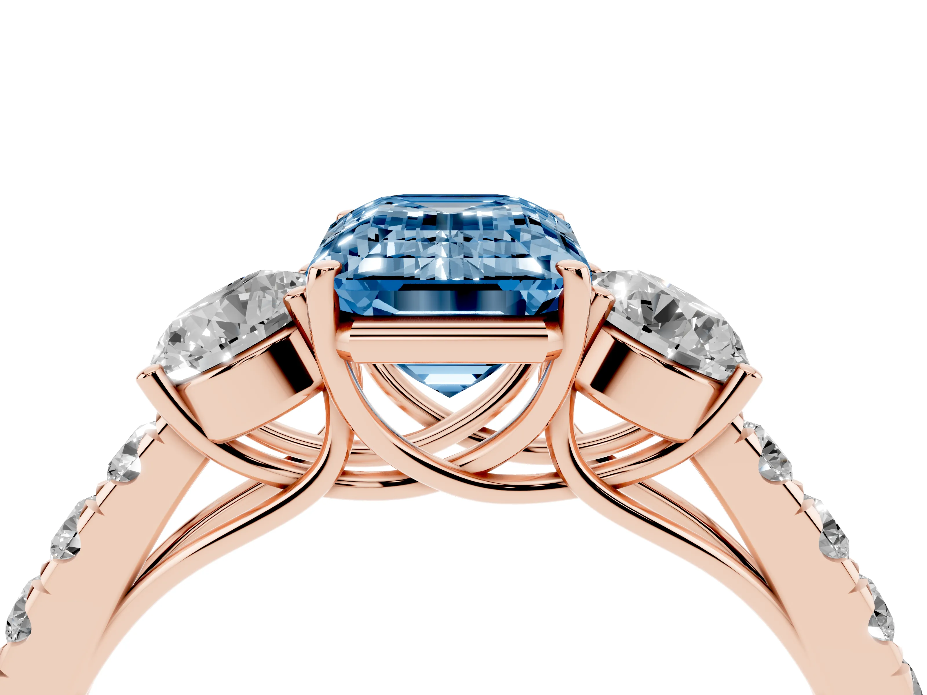 Fancy Blue Emerald Cut Diamond Three-Stone Ring Set in Rose gold with Round Side Stones and Delicate Pavé Band