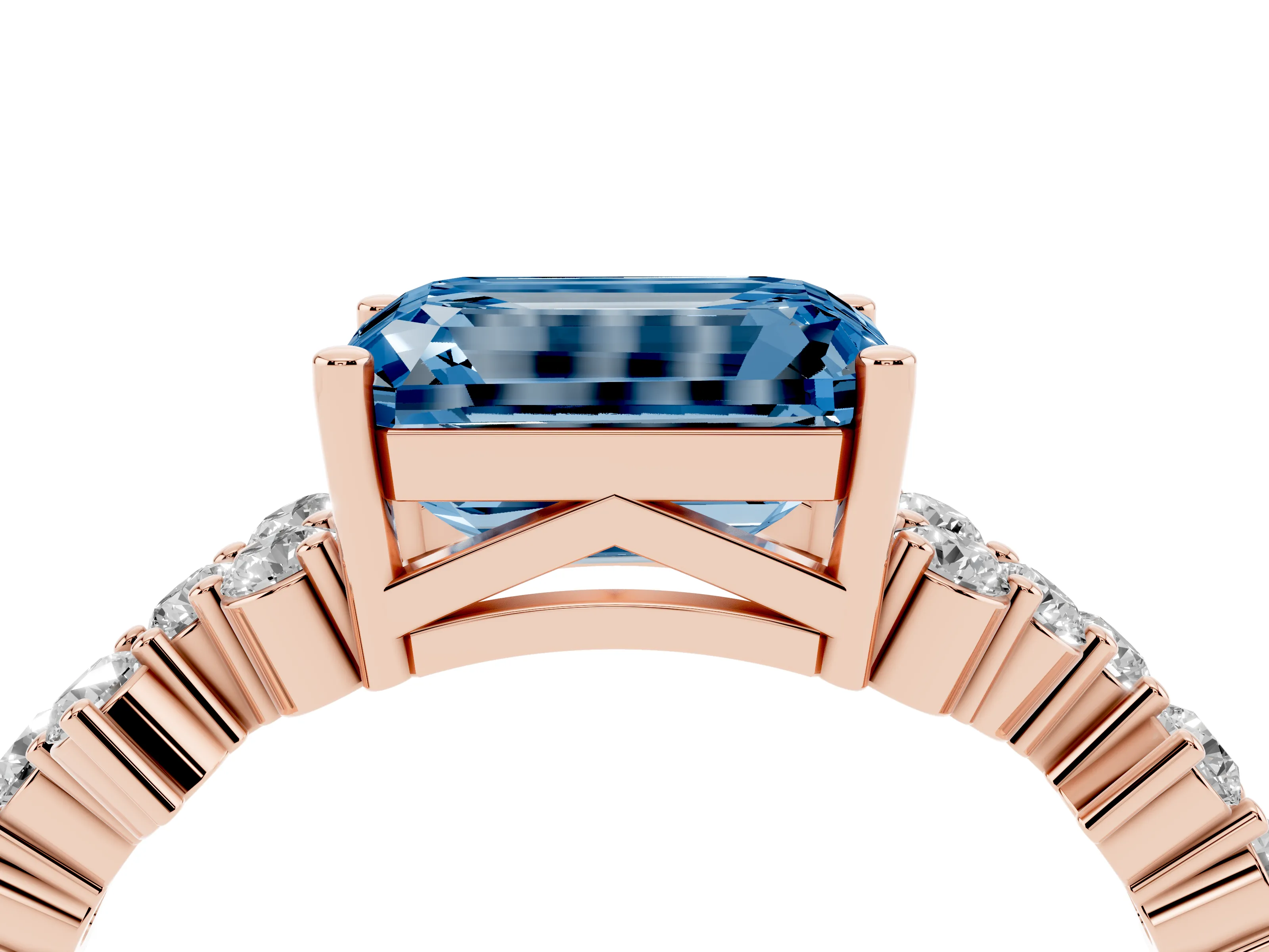 Fancy Blue Emerald Cut Diamond Ring Set in Rose gold with Scattered Round Accents