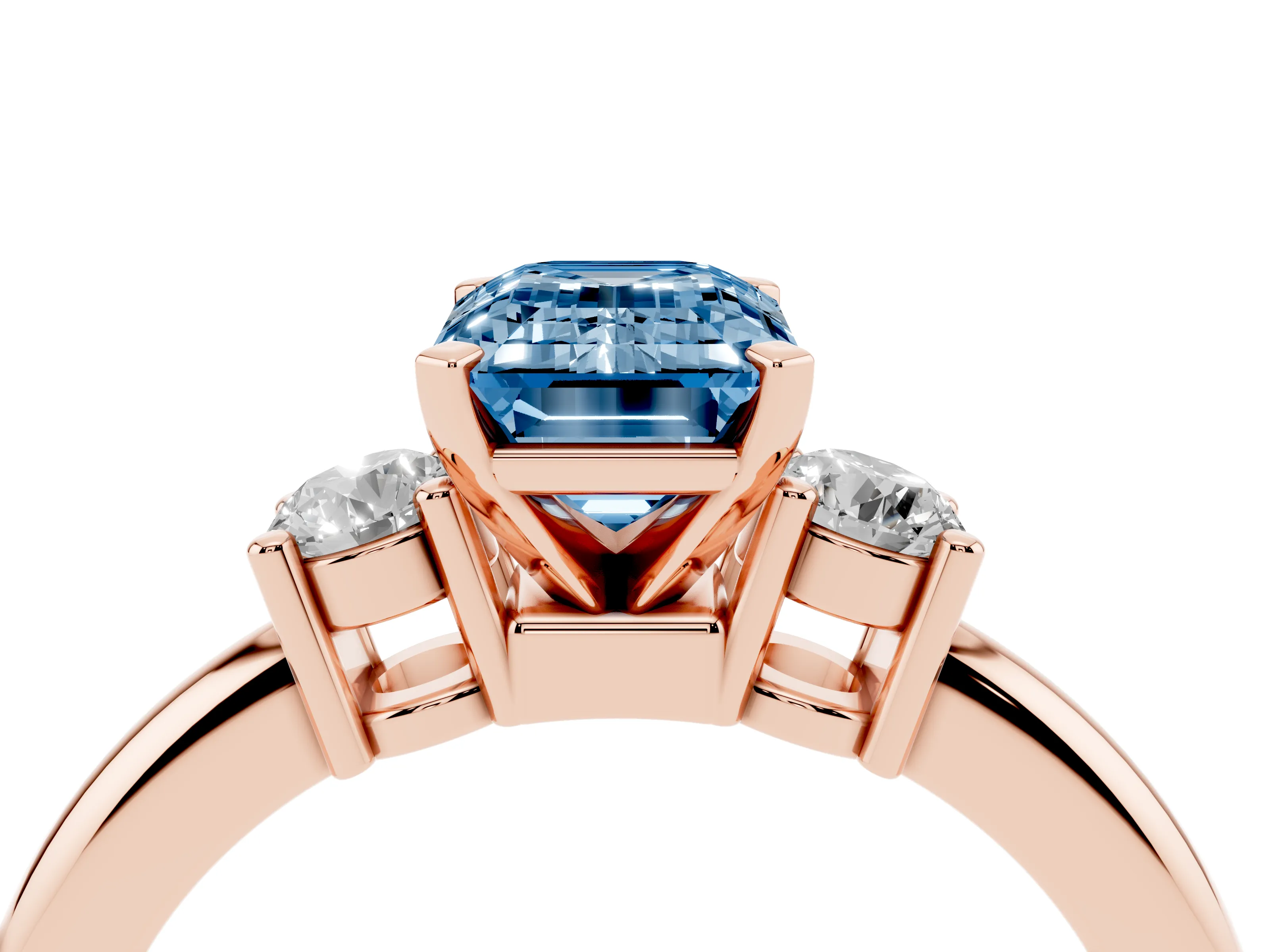 Fancy Blue Three-Stone Emerald Cut Diamond Ring Set in Rose gold with Prong Setting and Plain Band