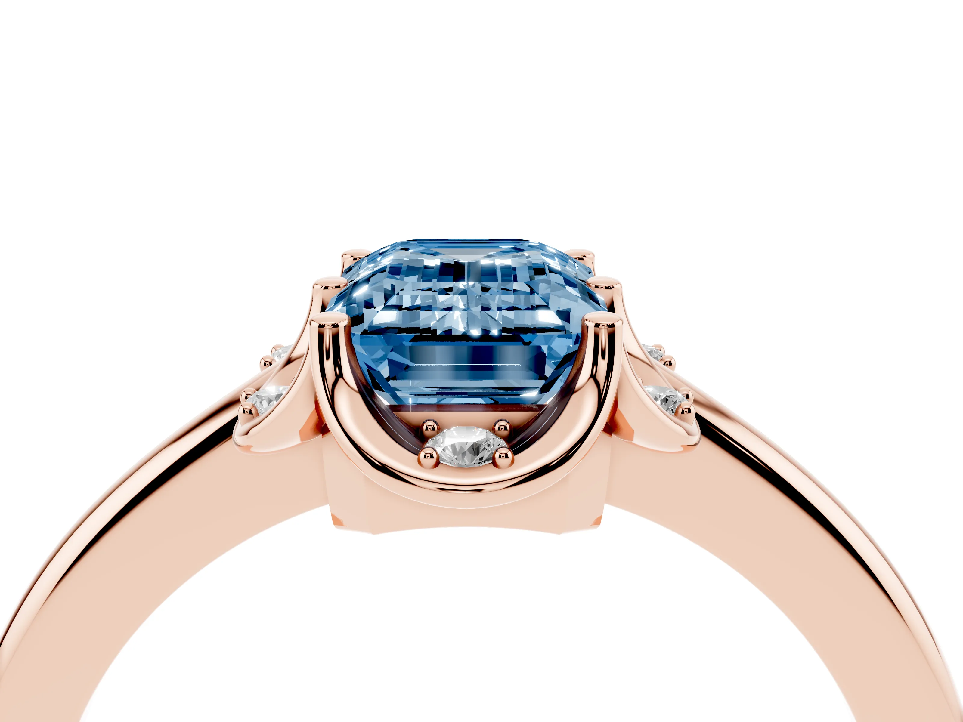 Fancy Blue Emerald Cut Diamond Round Cluster Halo Ring Set in Rose gold with Solitaire Band and Prong Setting