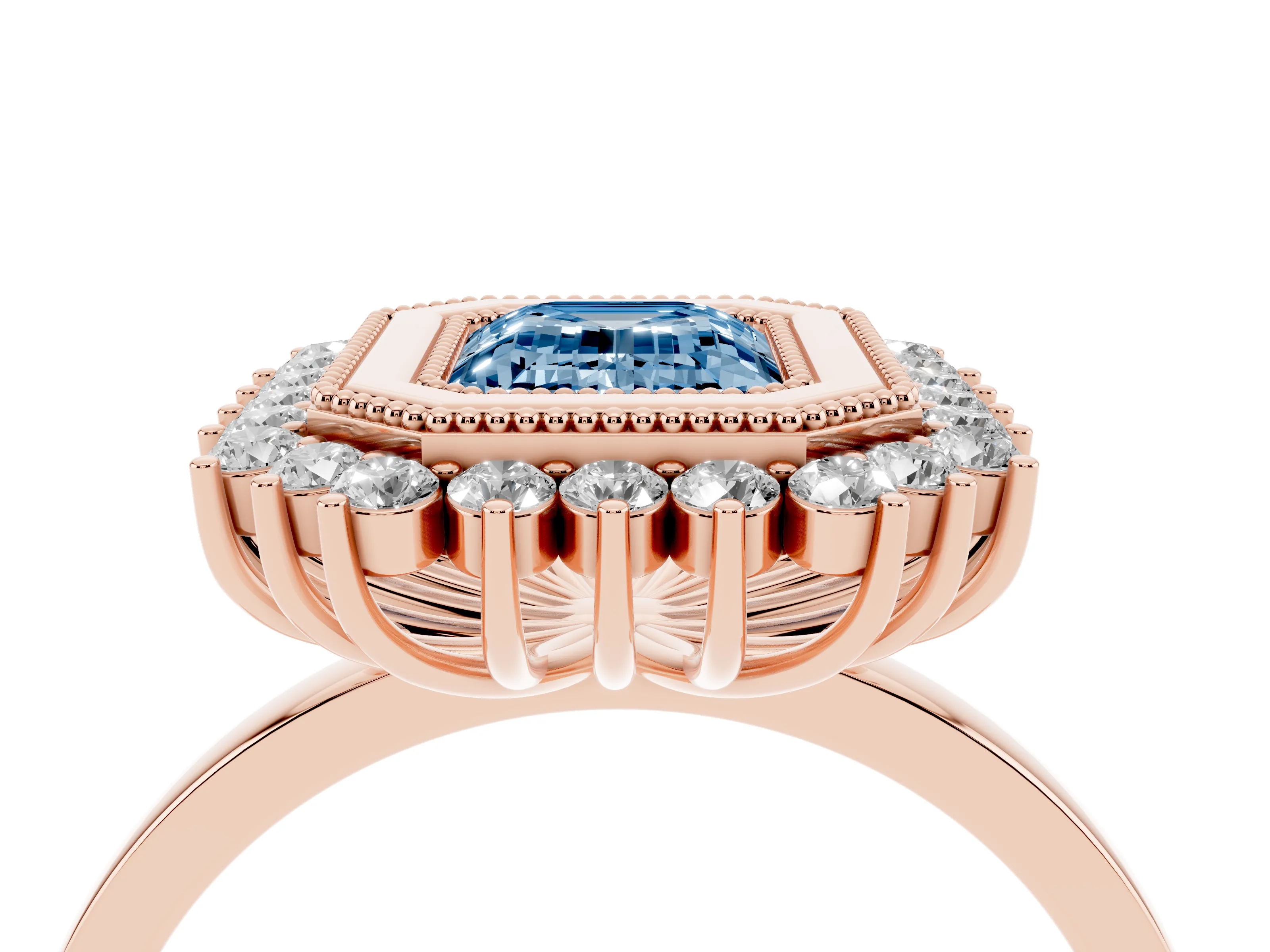Fancy Blue Emerald Cut Diamond Halo Ring Set in Rose gold with Milgrain Edge and Round Prong Setting