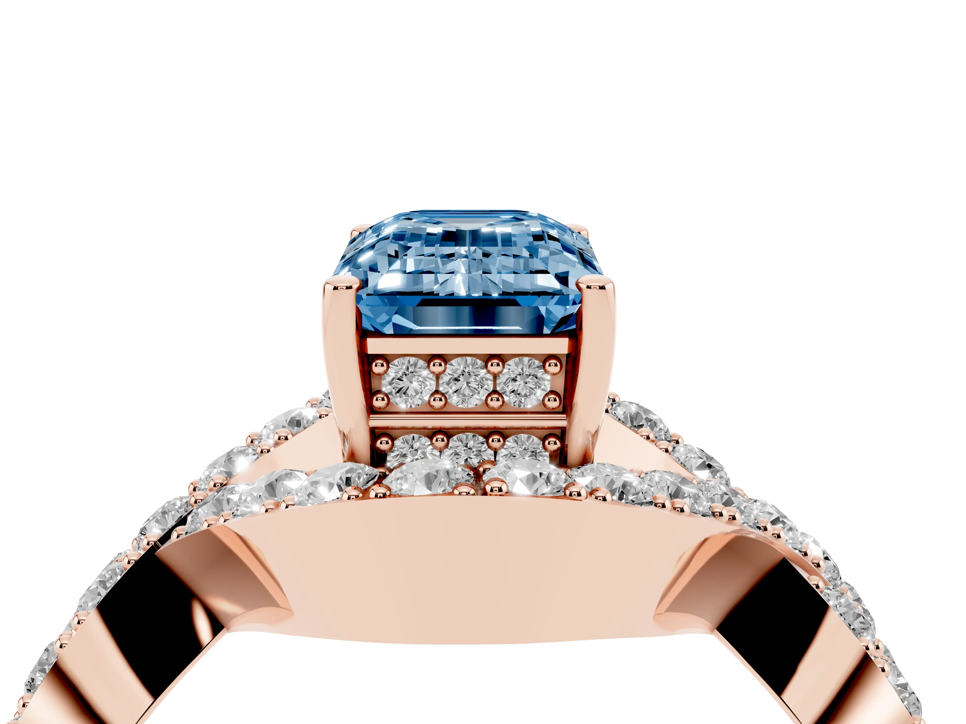 Fancy Blue Emerald Cut Diamond Solitaire Twist Band Pavé Engagement Ring Set in Rose gold