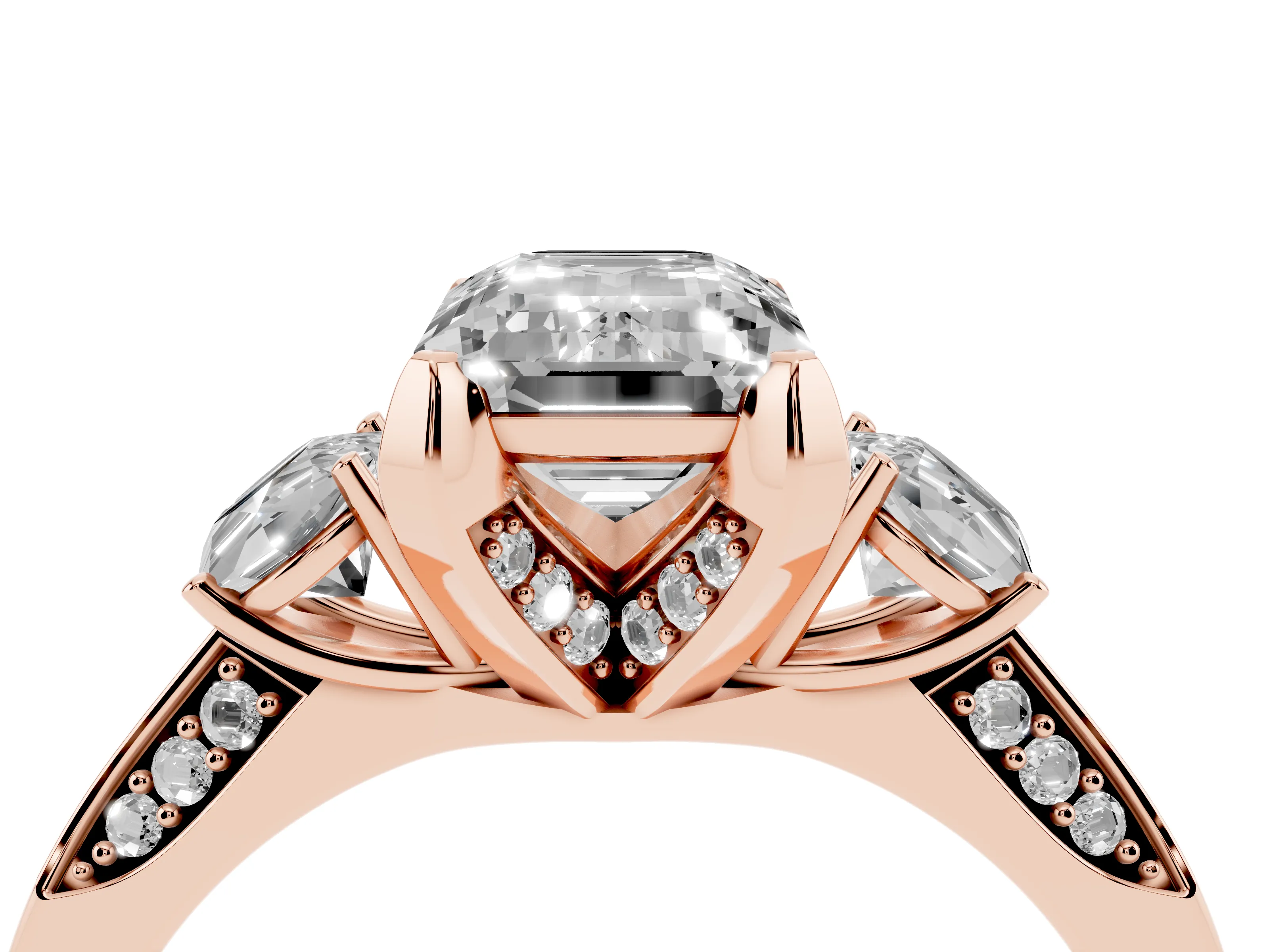 Fancy Blue Emerald Cut Diamond Three-Stone Ring Set in Rose gold with Pavé Band and Smaller Side Stones