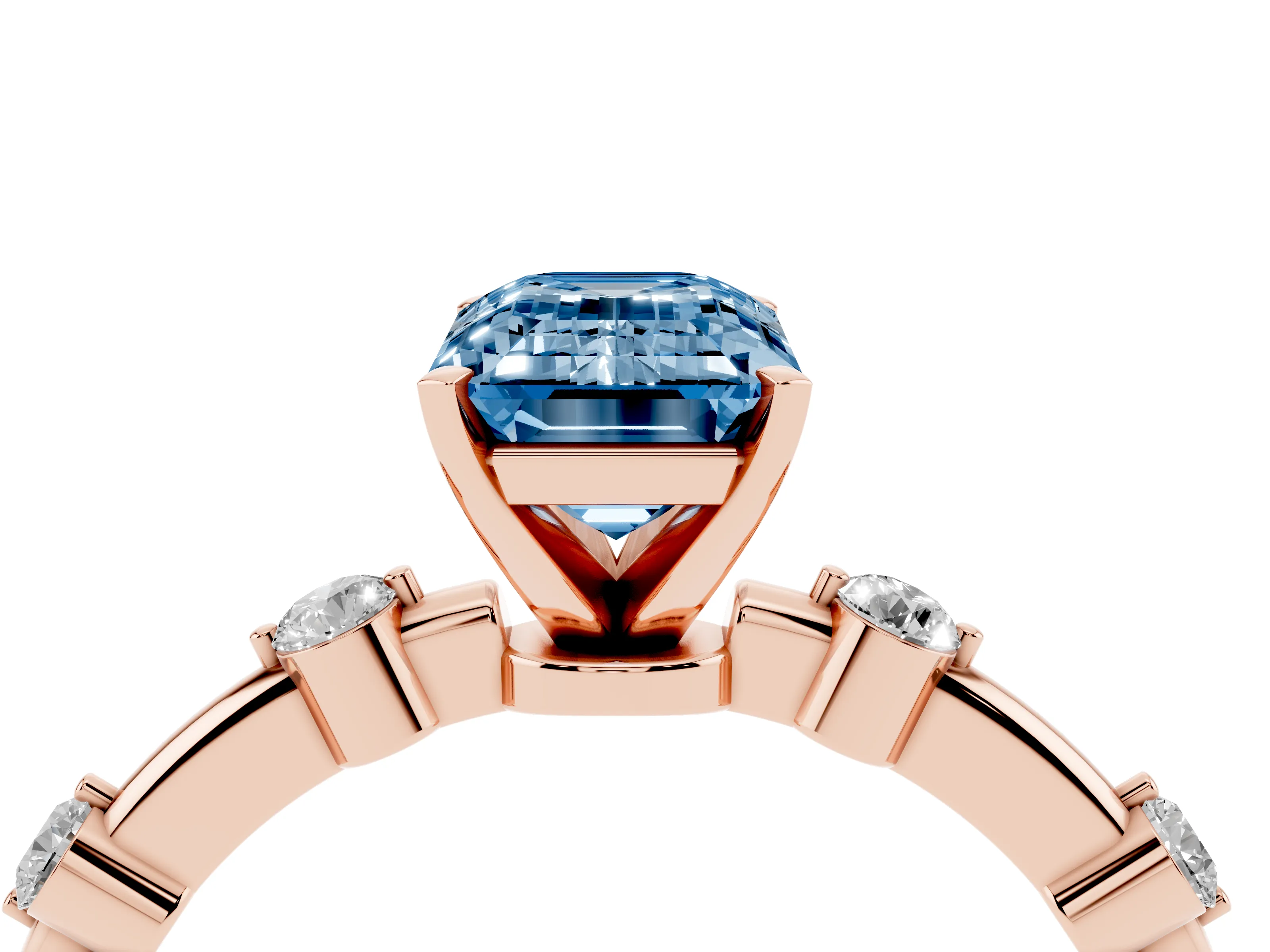 Fancy Blue Emerald Cut Diamond Solitaire Ring Set in Rose gold with Bezel Set Side Stones and Prong Setting