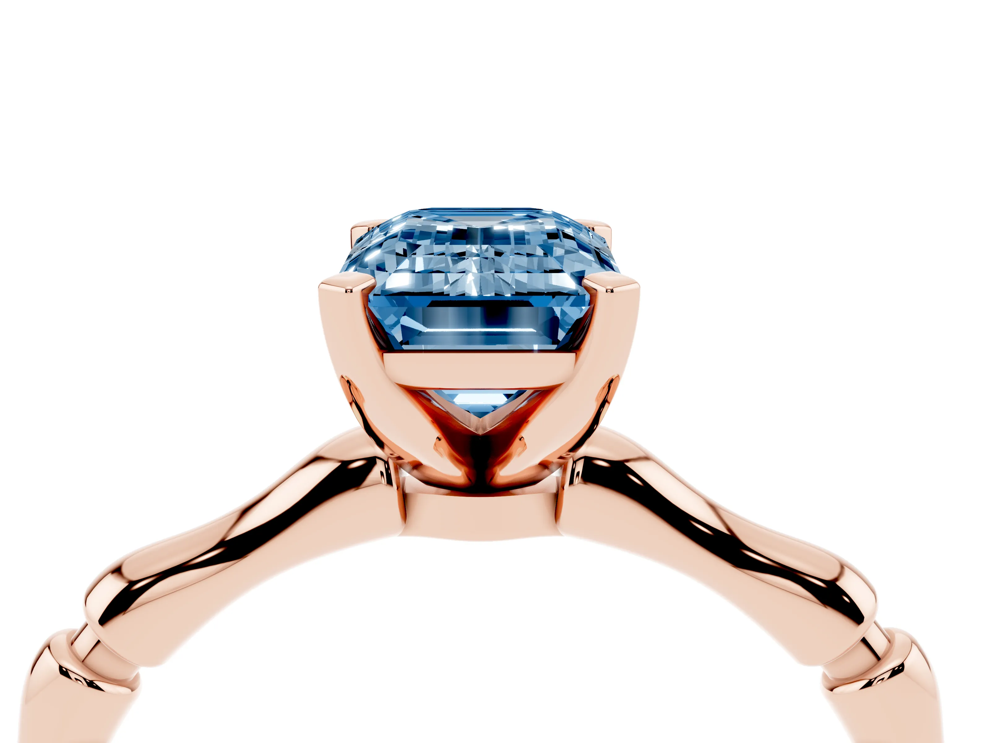 Fancy Blue Emerald Cut Diamond Solitaire Ring Set in Rose gold with Bamboo Band and Prong Setting