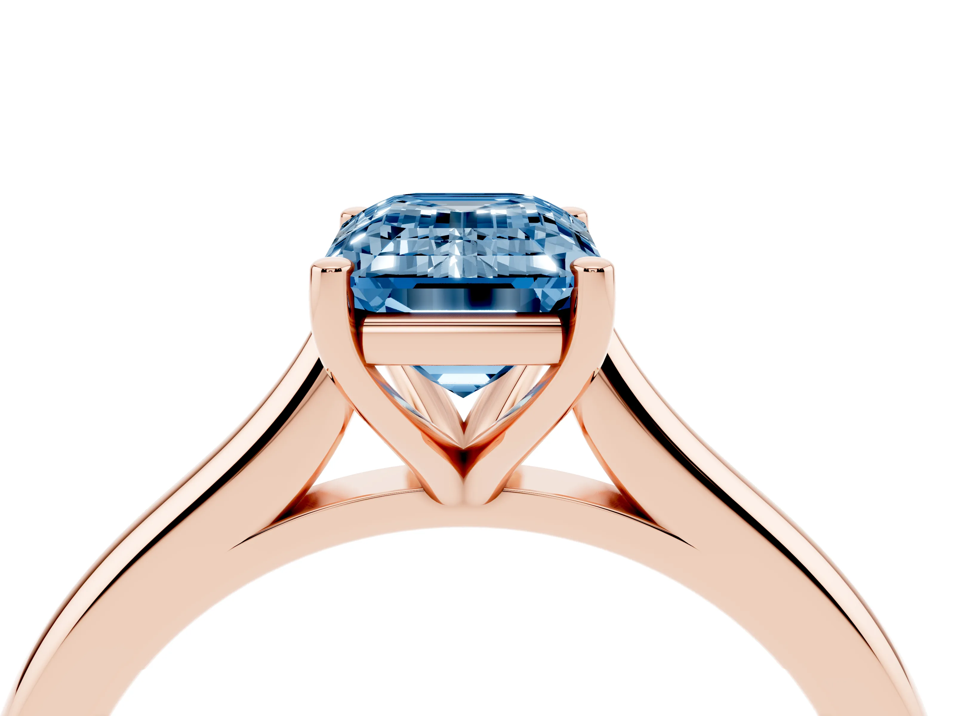 Fancy Blue Emerald Cut Diamond Solitaire Ring Set in Rose gold with Cathedral Band and Prong Setting