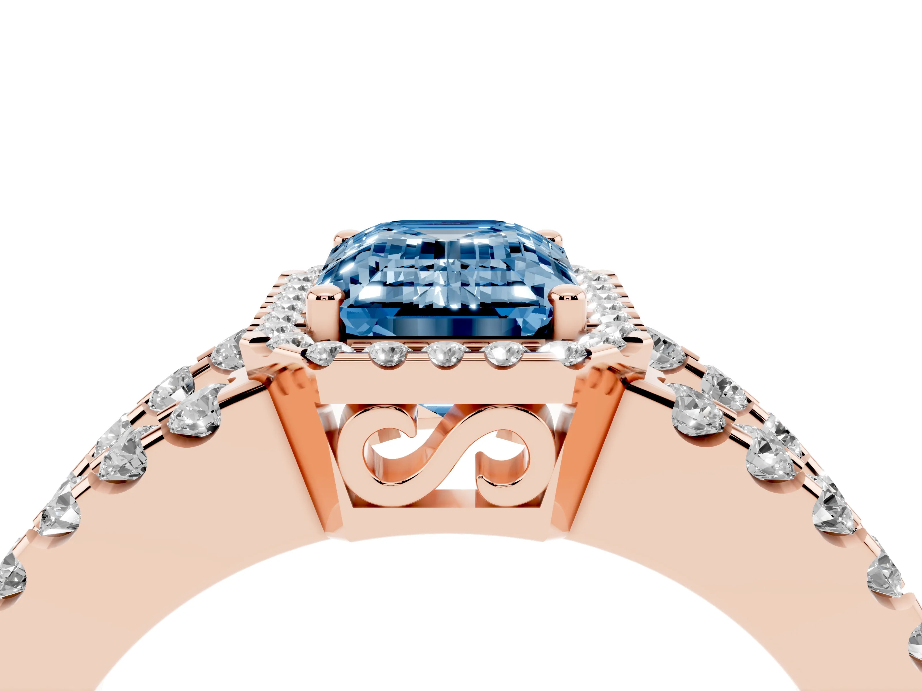 Fancy Blue Emerald Cut Diamond Halo Ring Set in Rose gold with Pavé Split Shank and Prong Setting