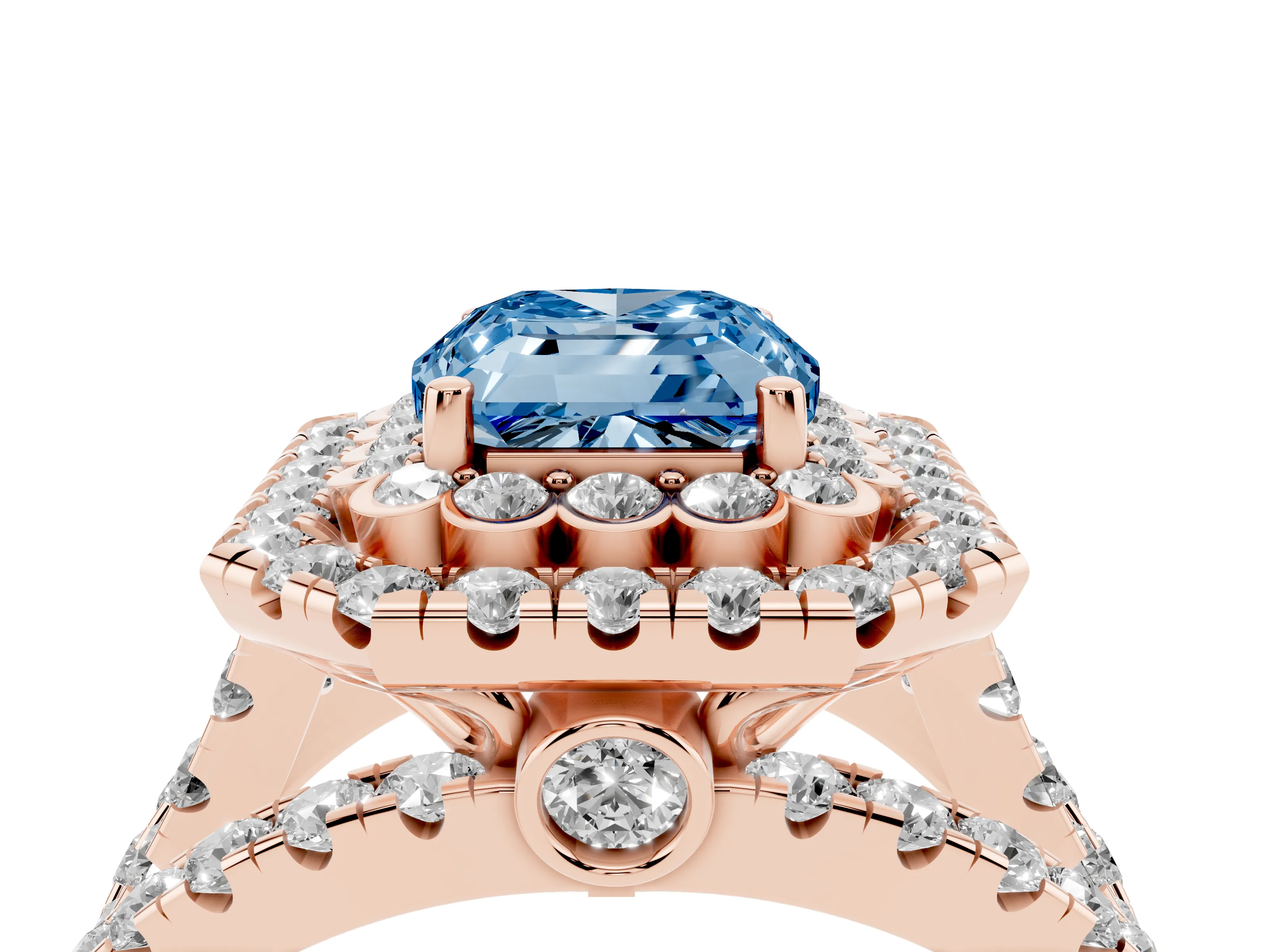 Fancy Blue Emerald Cut Diamond Double Halo Ring Set in Rose gold with Round Pavé Split Shank