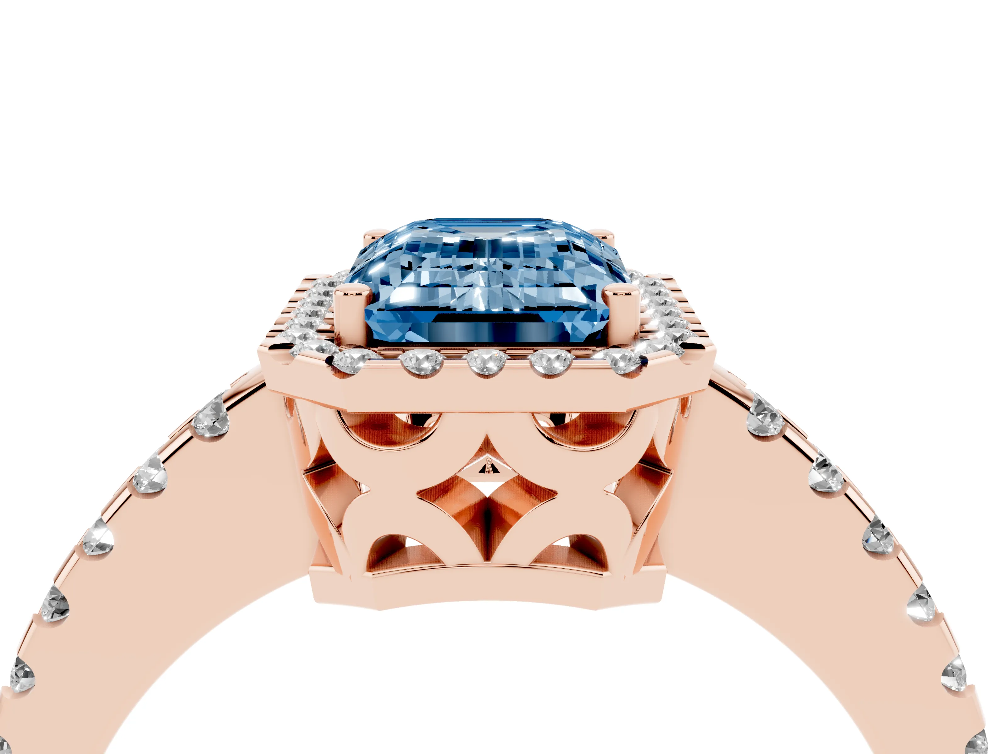 Fancy Blue Emerald Cut Diamond Halo Ring Set in Rose gold with Pavé Shoulders and Halo-Framed Center