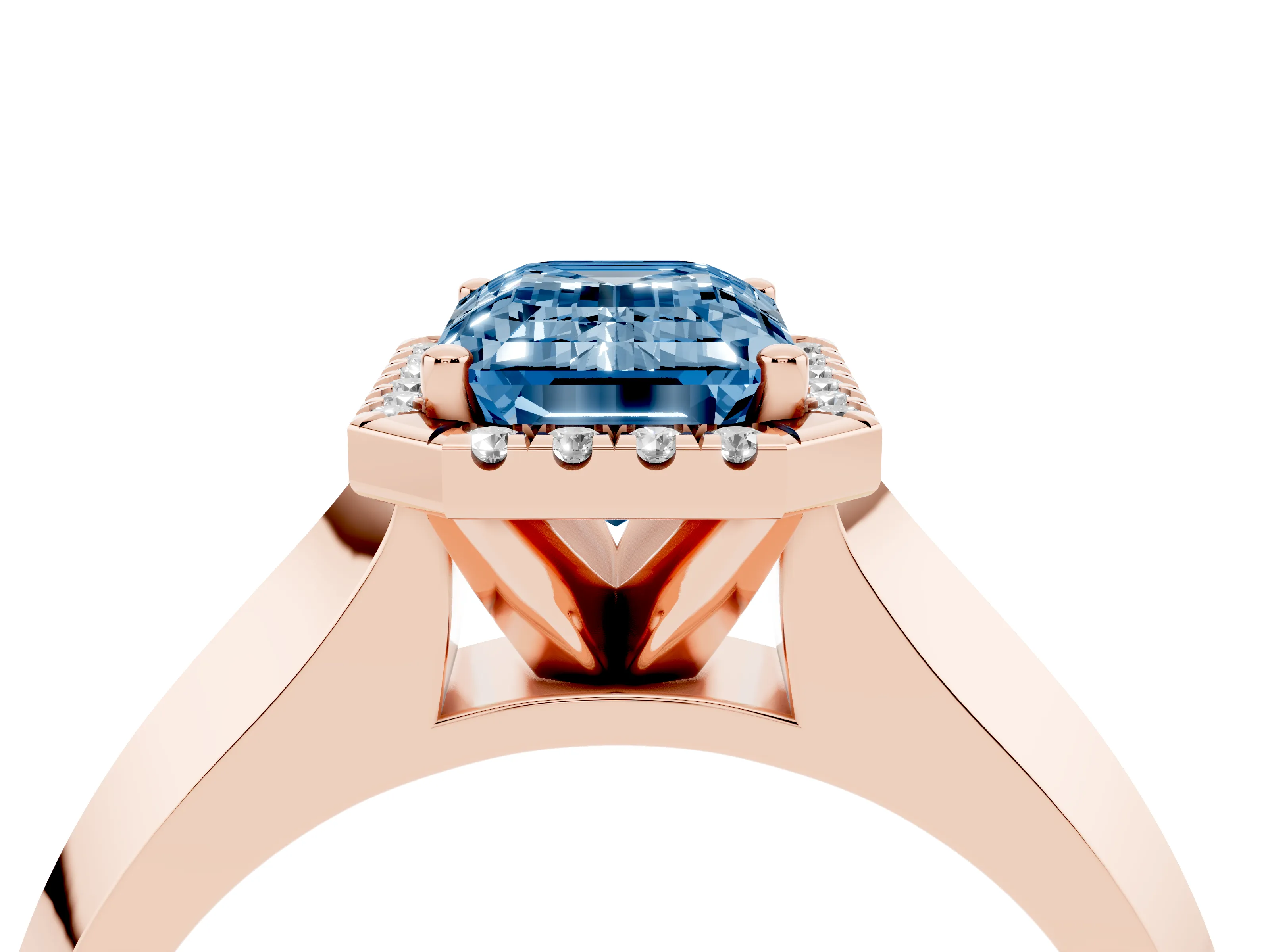 Fancy Blue Emerald Cut Diamond Halo Ring Set in Rose gold with Cathedral Band and Prong Setting