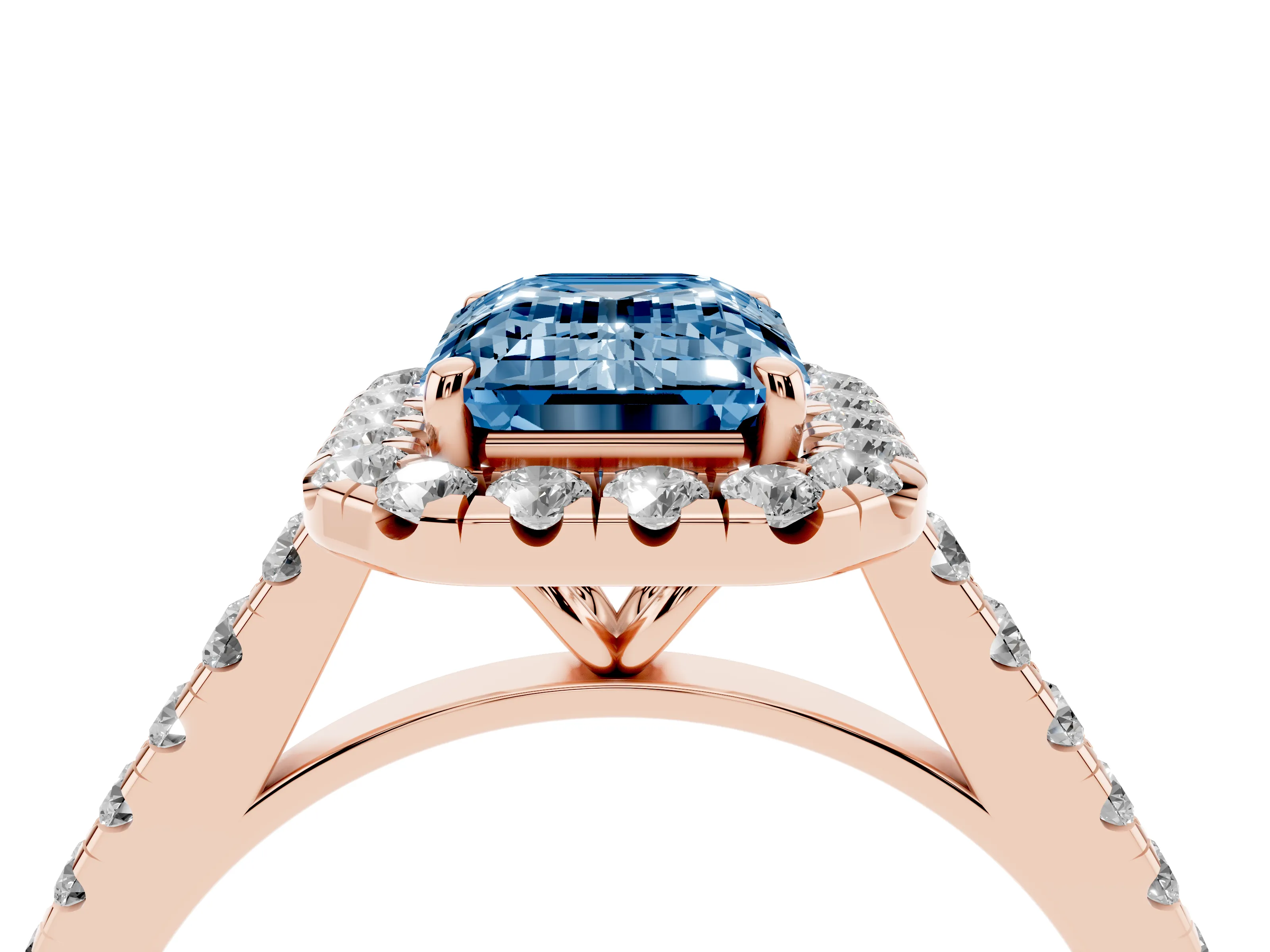 Fancy Blue Emerald Cut Diamond Halo Pavé Engagement Ring Set in Rose gold with Prong Setting