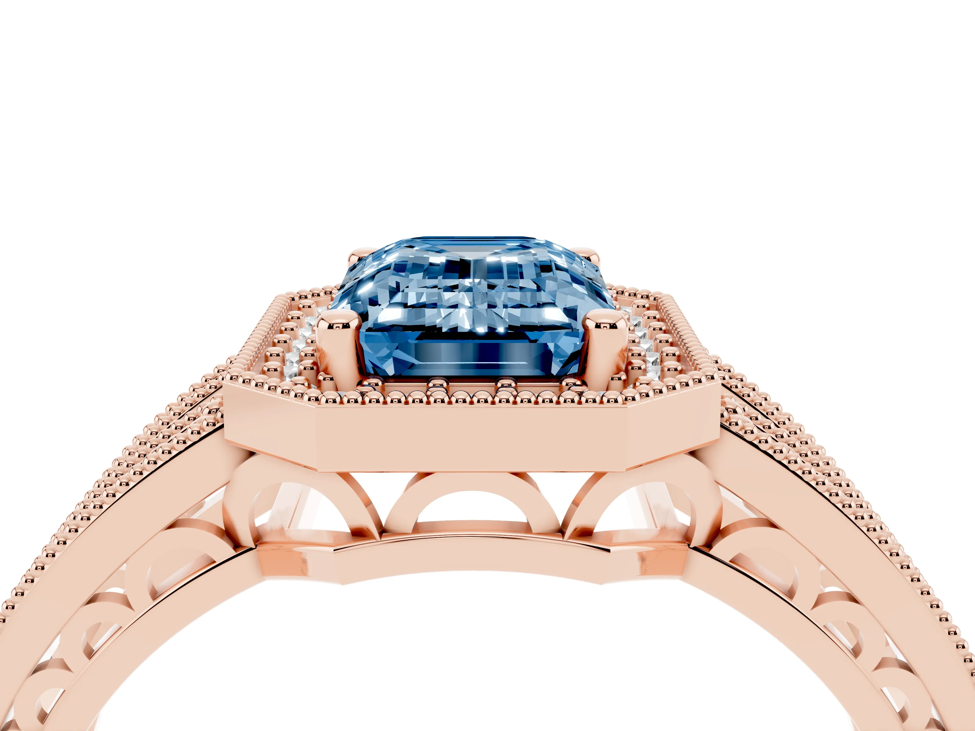 Fancy Blue Emerald Cut Diamond Halo Ring Set in Rose gold with Accent Split Shank and Prong Setting