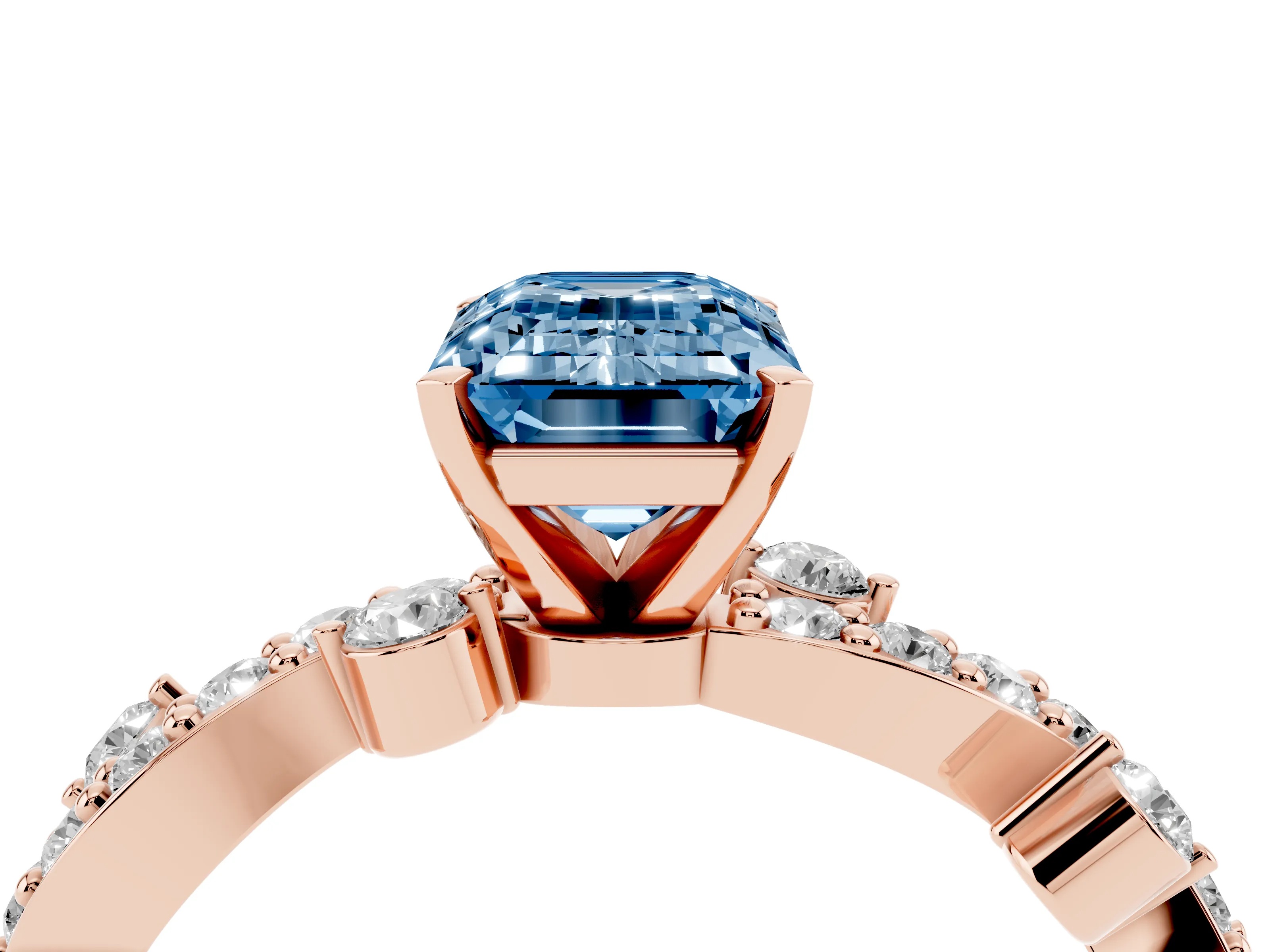 Fancy Blue Emerald Cut Diamond Solitaire Twisted Band Set in Rose gold with Pavé Setting