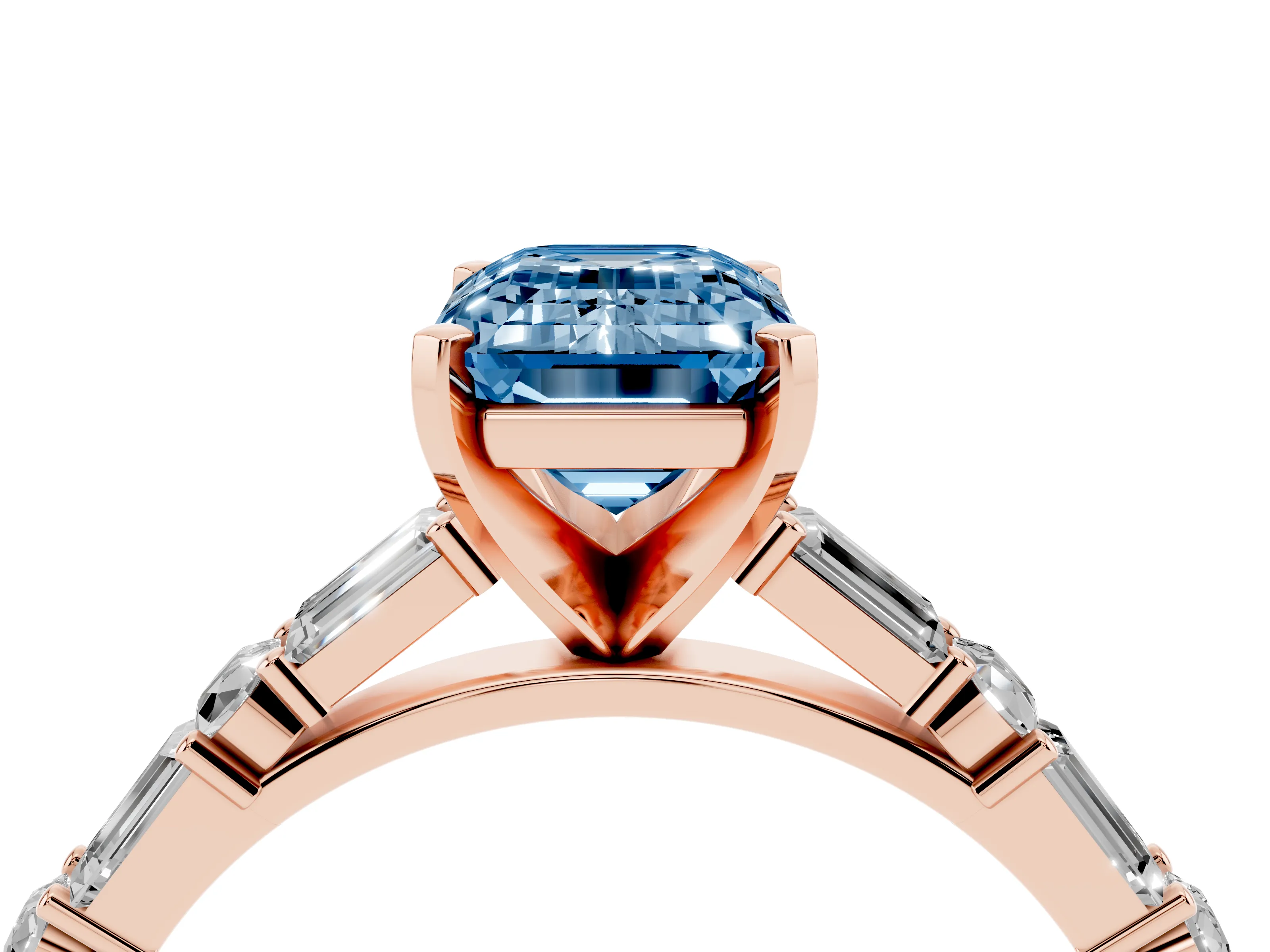 Fancy Blue Emerald Cut Diamond Solitaire Set in Rose gold with Side Baguettes and Channel Set Band