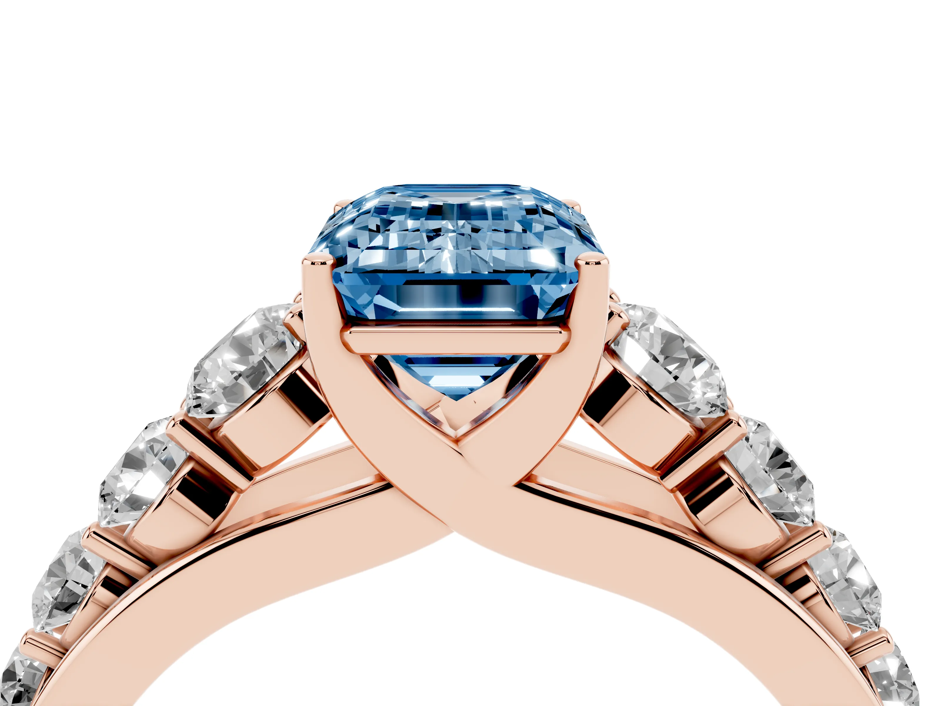 Fancy Blue Emerald Cut Diamond Solitaire Ring Set in Rose gold with Pavé-Set Band and Prong Setting