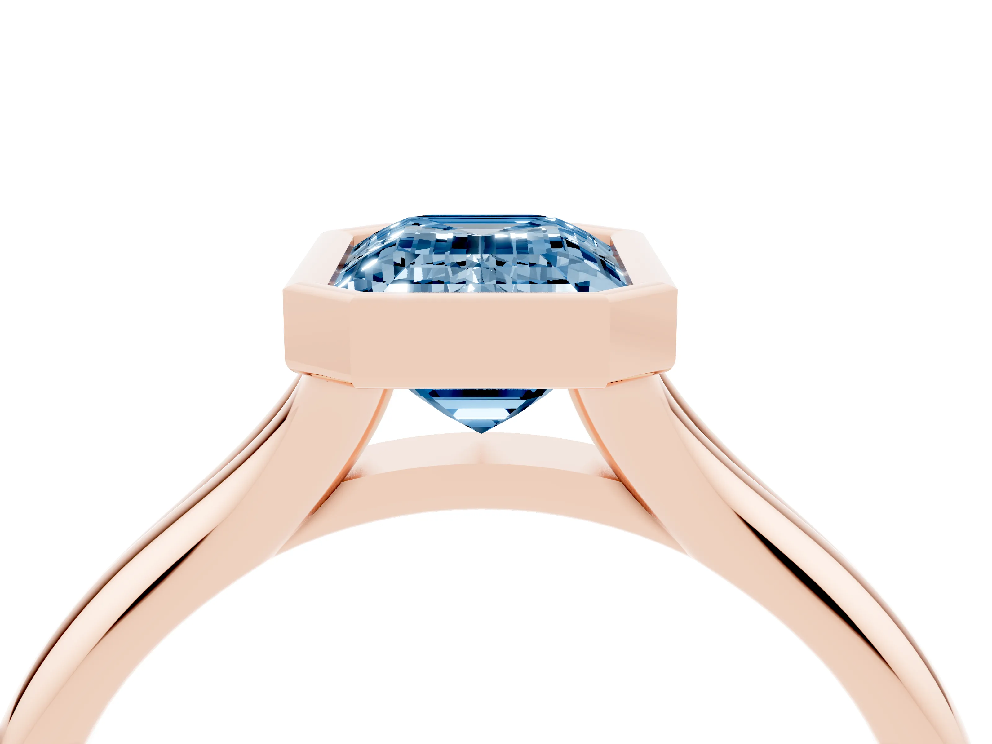 Fancy Blue Bezel Set Emerald Cut Diamond Solitaire Ring Set in Rose gold with Smooth Band