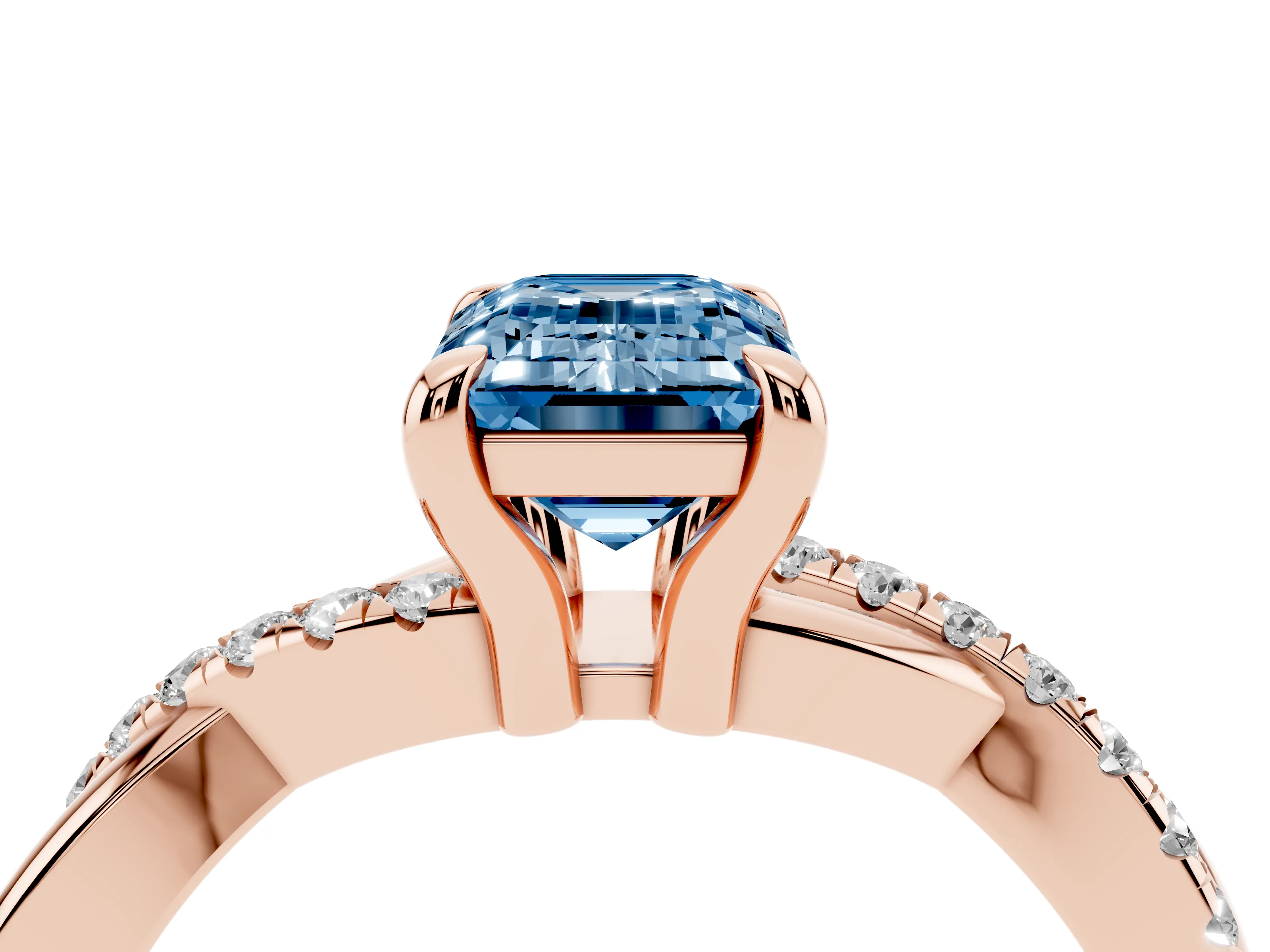 Fancy Blue Emerald Cut Diamond Twist Band Solitaire Set in Rose gold with Pavé Accents and Prong Setting