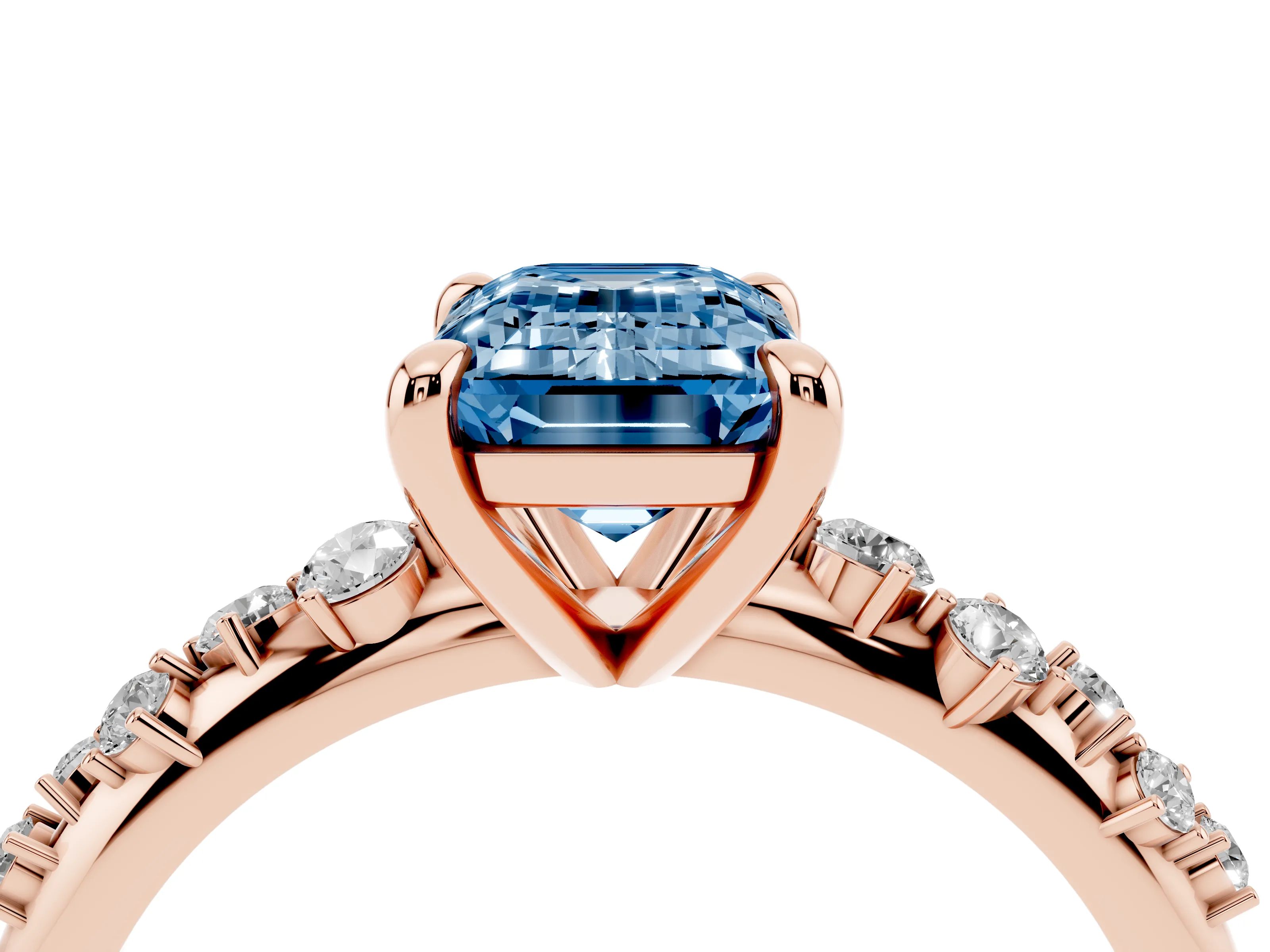 Fancy Blue Emerald Cut Diamond Solitaire Vine Band Ring Set in Rose gold with Round Accents and Prong Setting