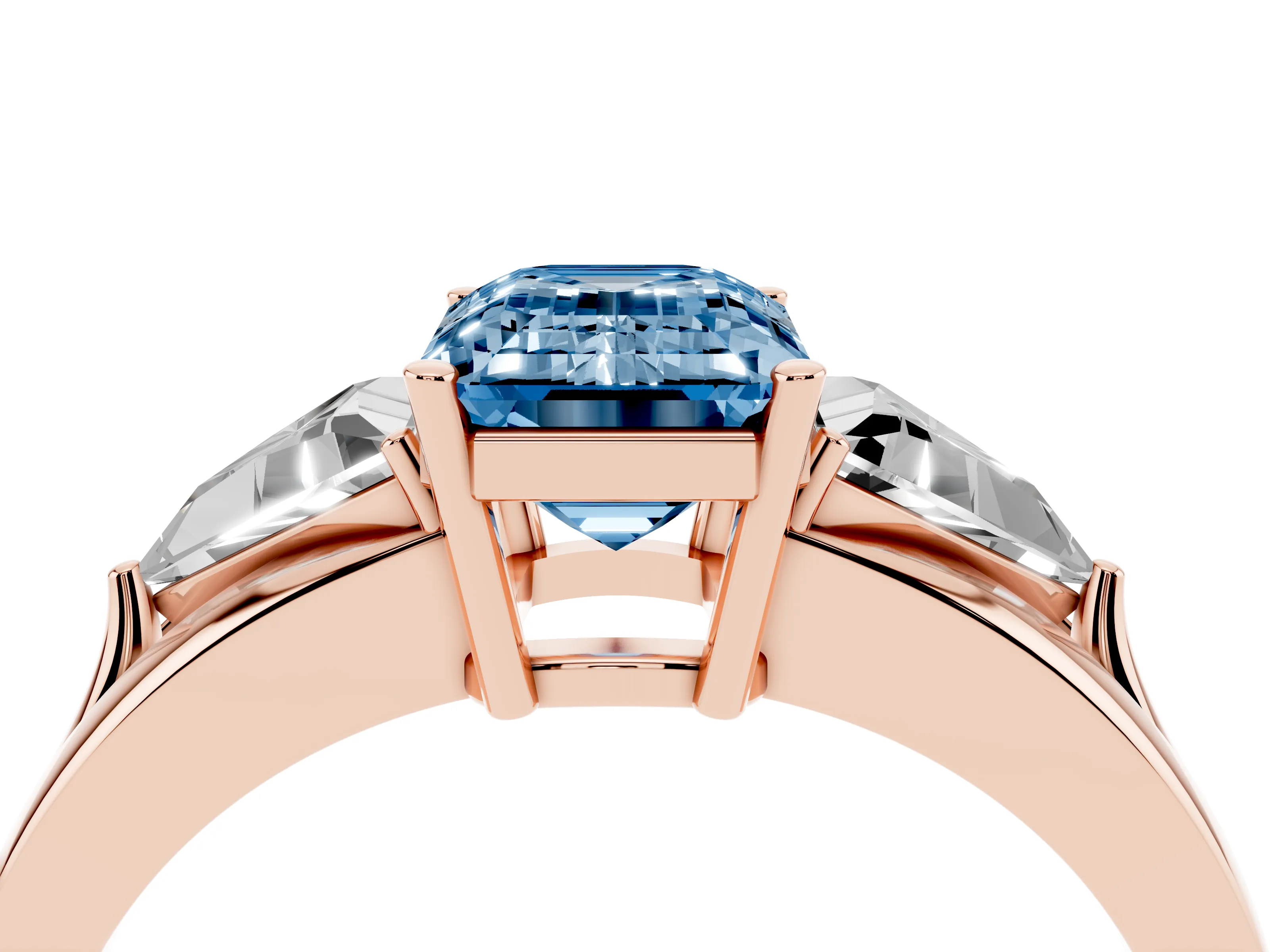 Fancy Blue Emerald Cut Diamond Three-Stone Ring Set in Rose gold with Trillion Side Stones and Split Shank