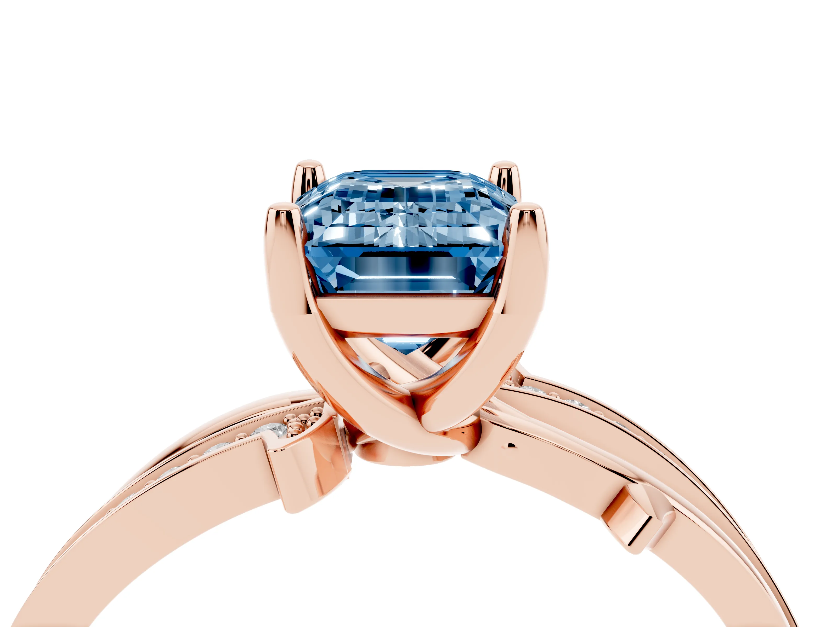 Fancy Blue Emerald Cut Diamond Pavé Twist Band Solitaire Ring Set in Rose gold with Prong Setting