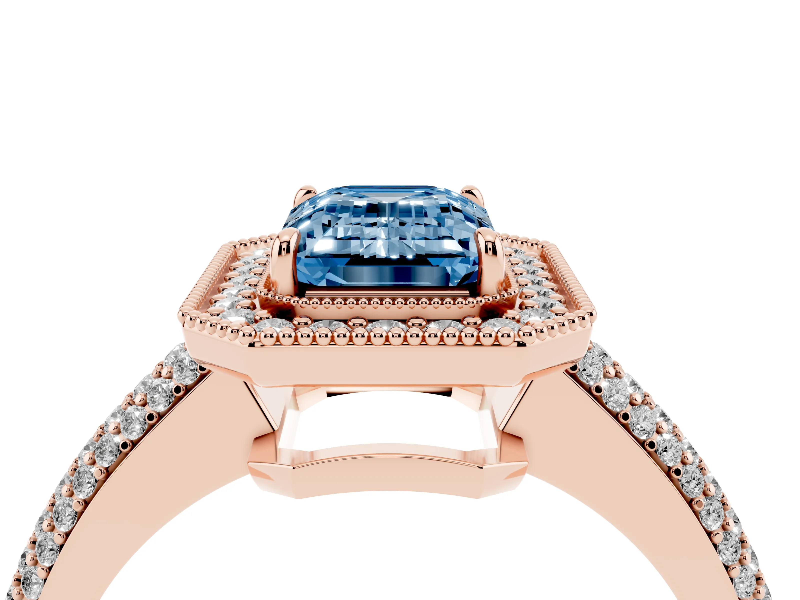 Fancy Blue Emerald Cut Diamond Halo Pavé Band Set in Rose gold with Prong Setting