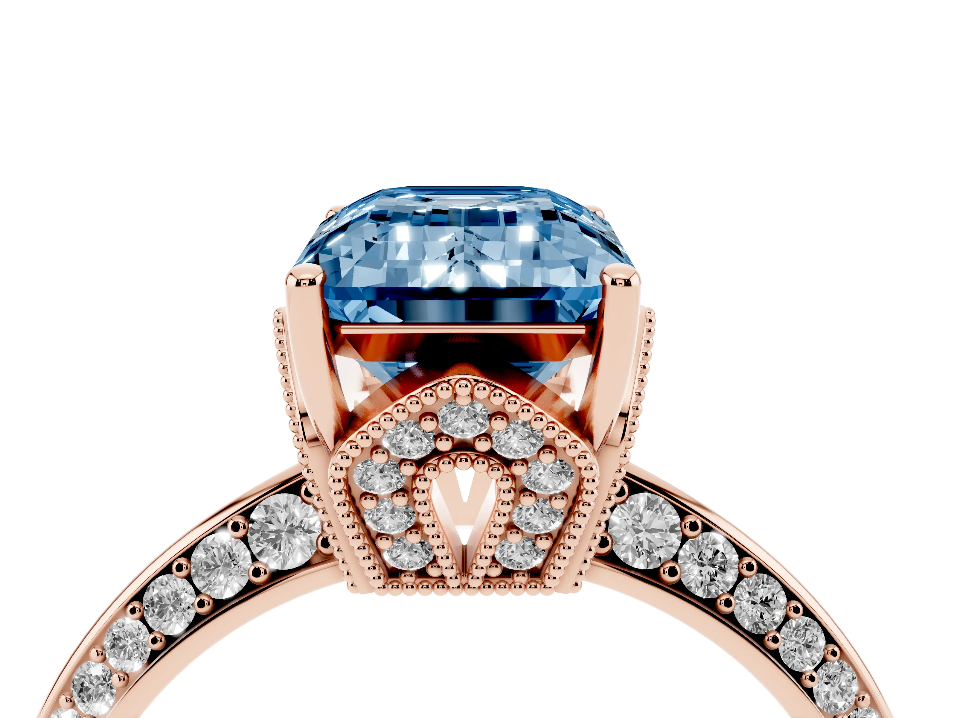 Fancy Blue Emerald Cut Diamond Solitaire Engagement Ring Set in Rose gold with Pavé Split Shank and Prong Setting