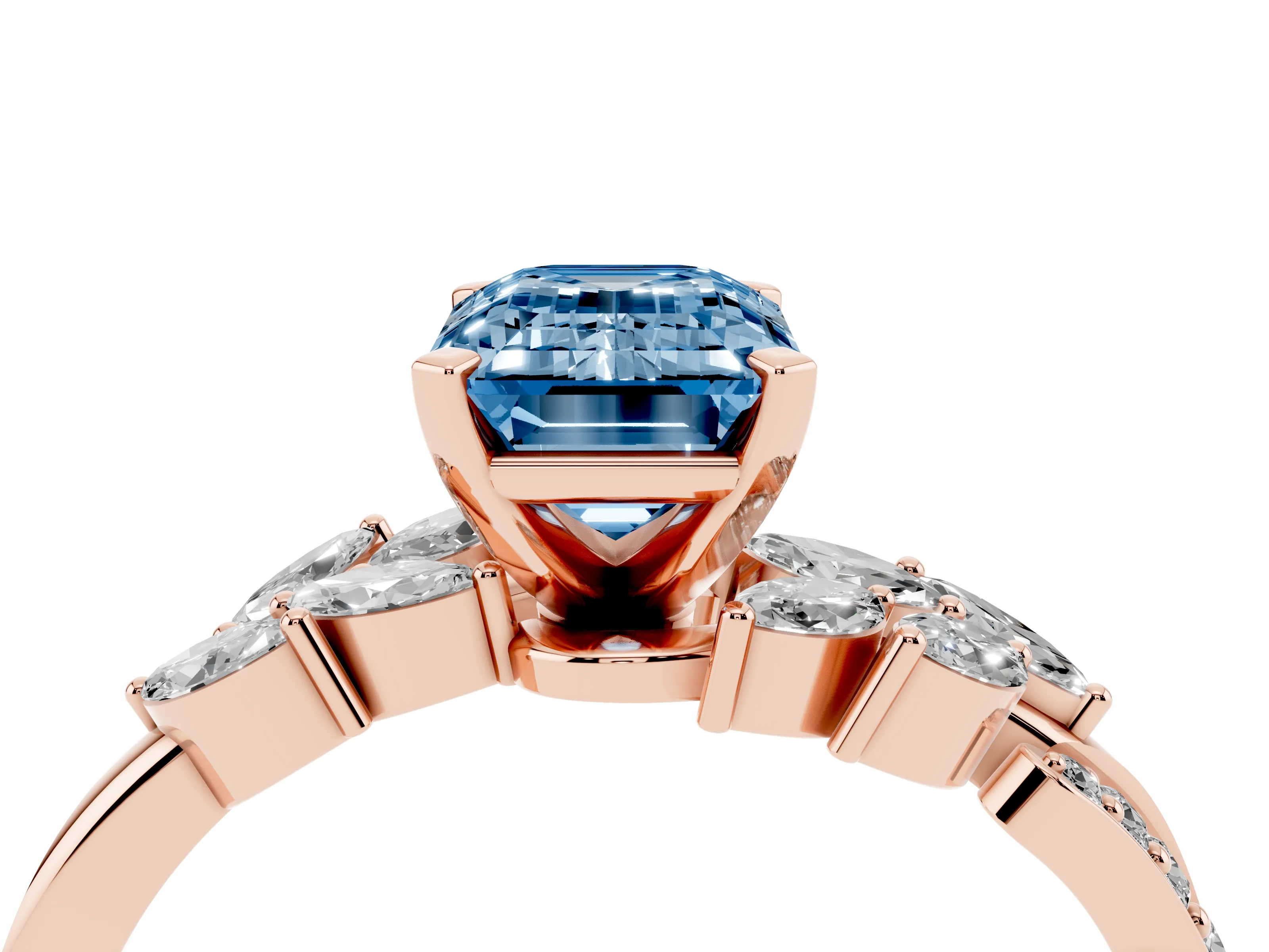 Fancy Blue Emerald Cut Diamond Solitaire Ring Set in Rose gold with Marquise Twist Band and Prong Setting